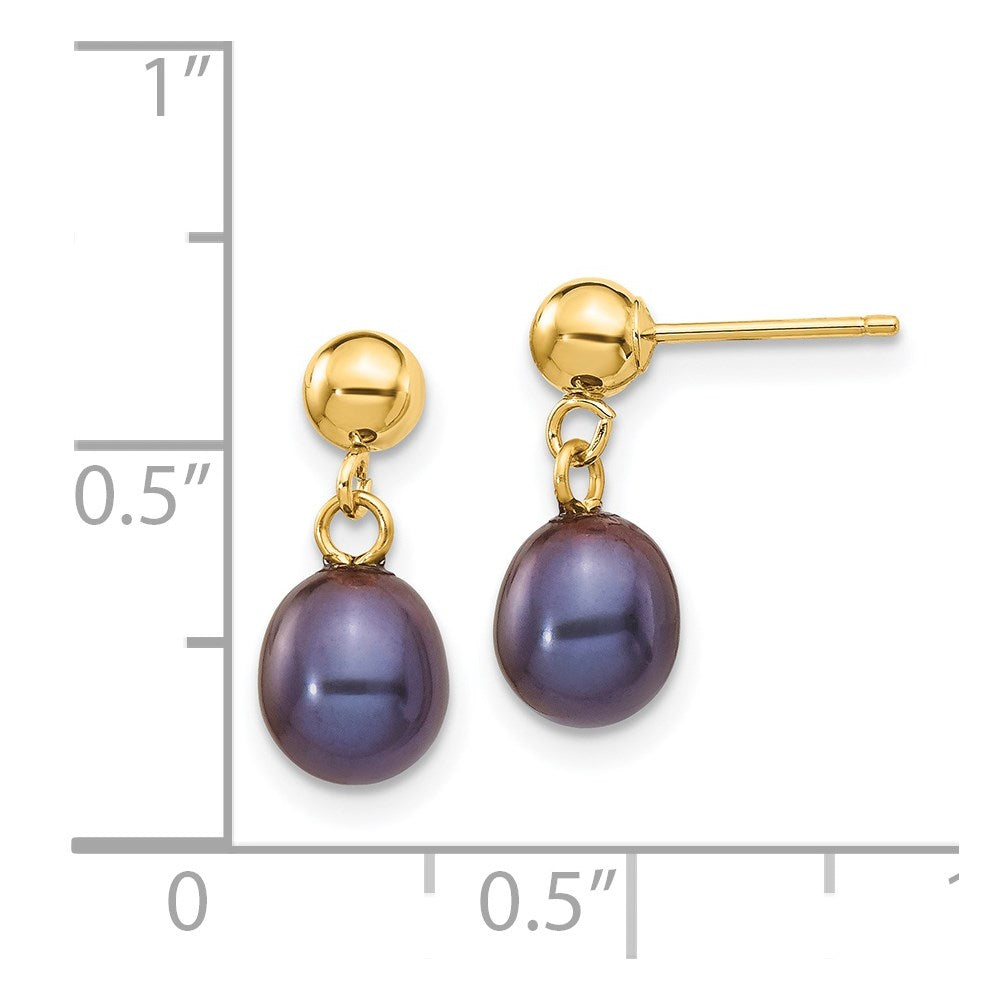 14k 6-7mm Black Rice Freshwater Cultured Pearl Dangle Post Earrings