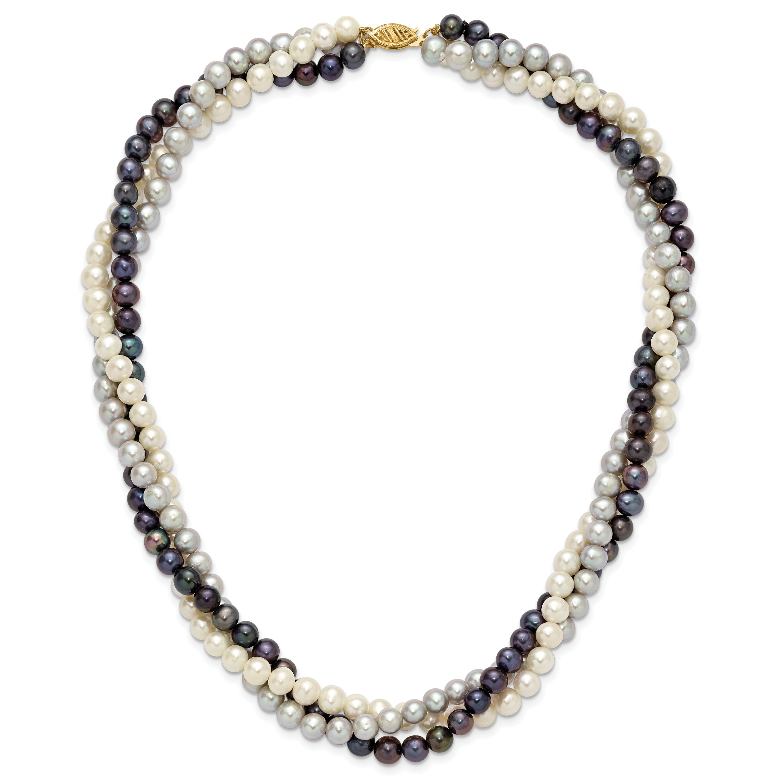 14k 6-7mm White/Gray/Black Near-Round Freshwater Cultured Pearl 3-Strand 18 inch Necklace