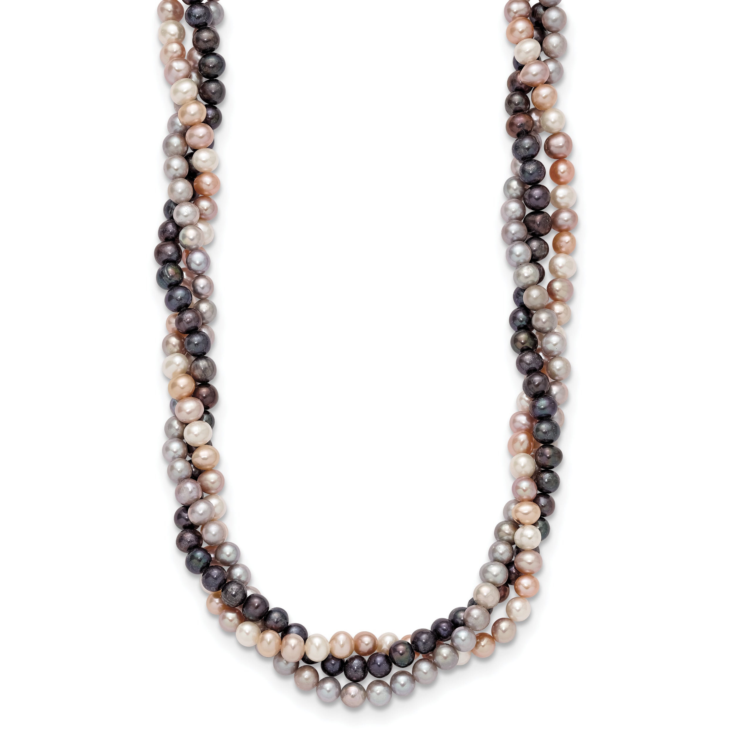 14k White Gold 6-7mm Pink/Gray/Black Near-Round Freshwater Cultured Pearl 3-Strand 18 inch Necklace