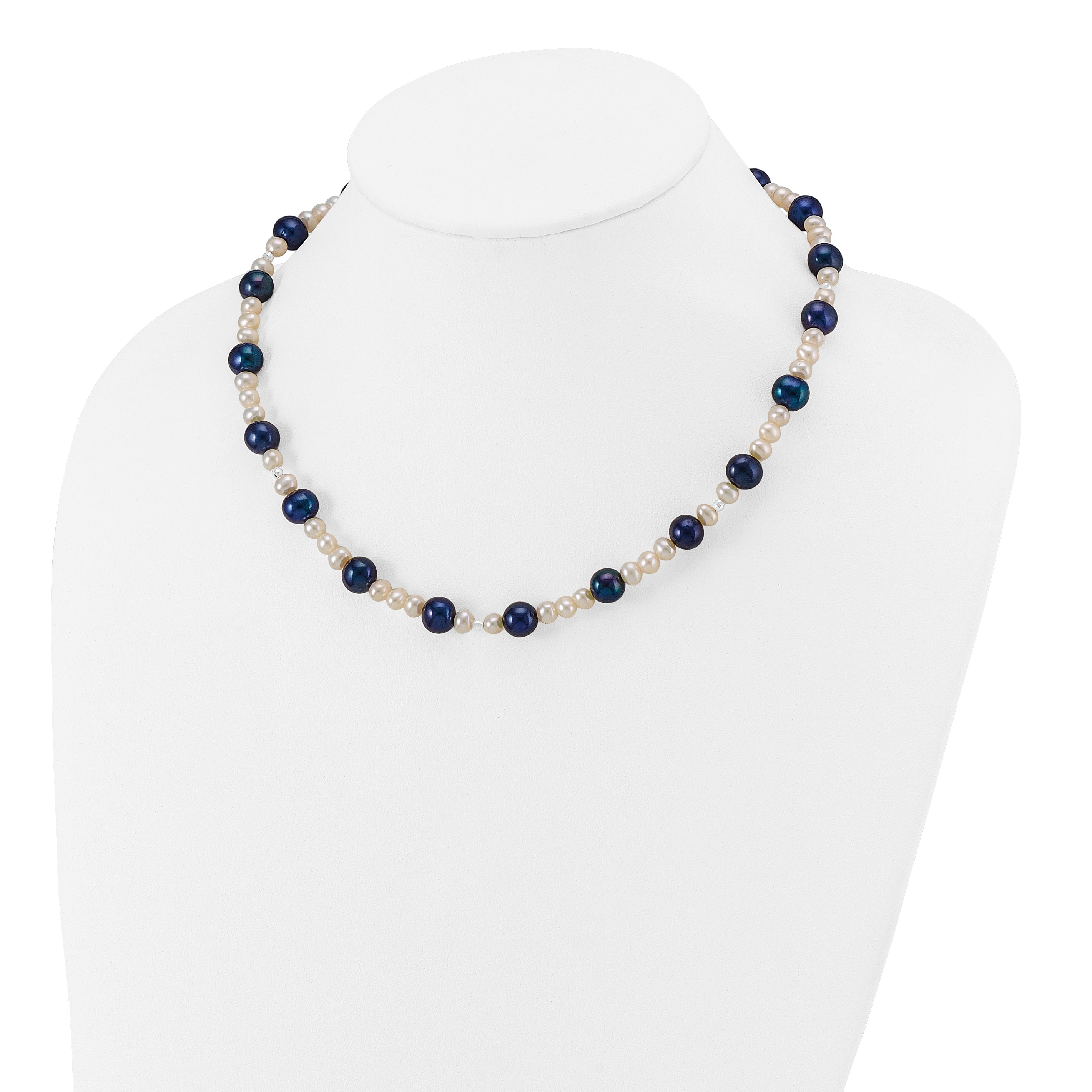 14k White Gold Black and White Semi-Round Freshwater Cultured and Mirror Bead 18 inch Necklace