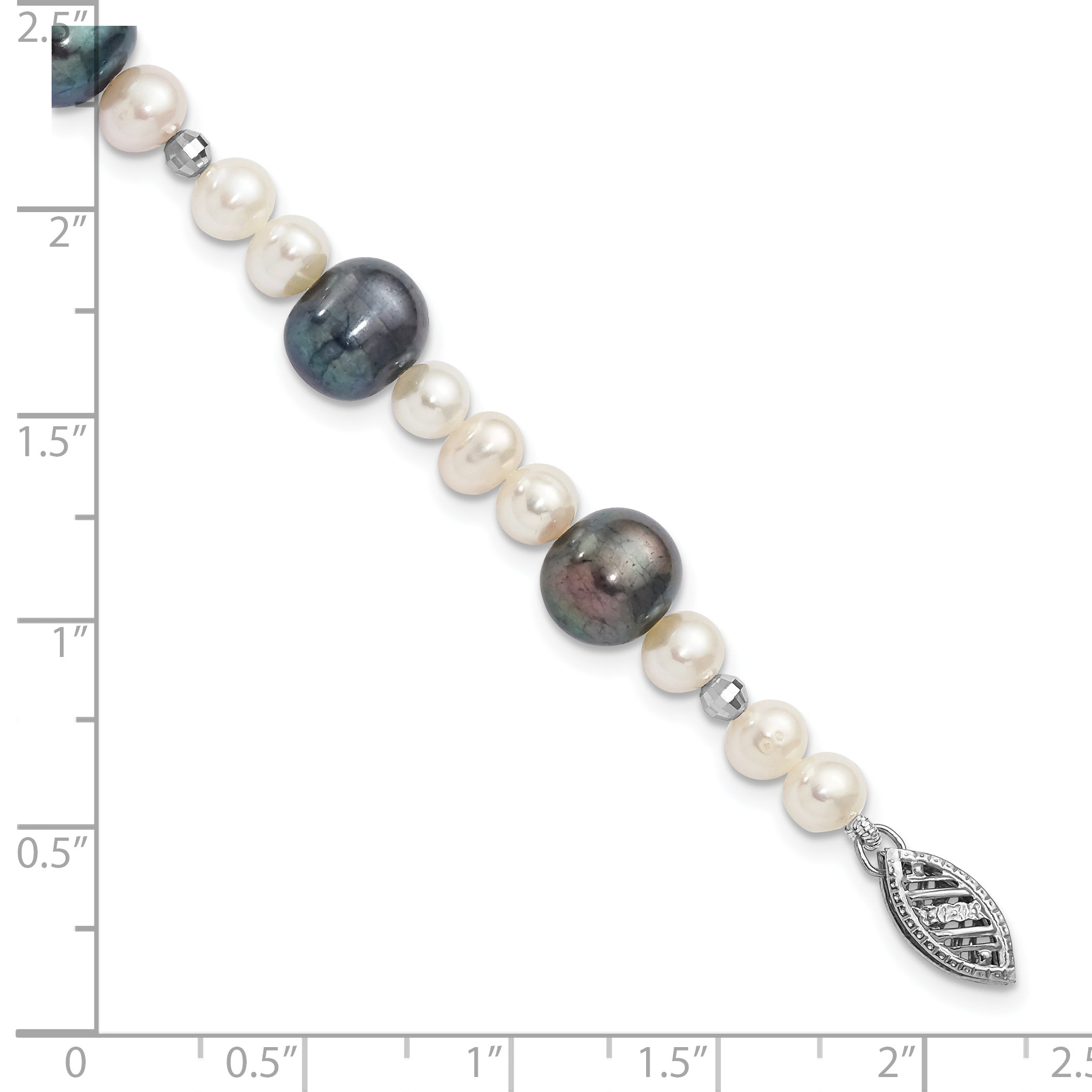 14k White Gold Black and White Semi-Round Freshwater Cultured and Mirror Bead 7.5 inch Bracelet