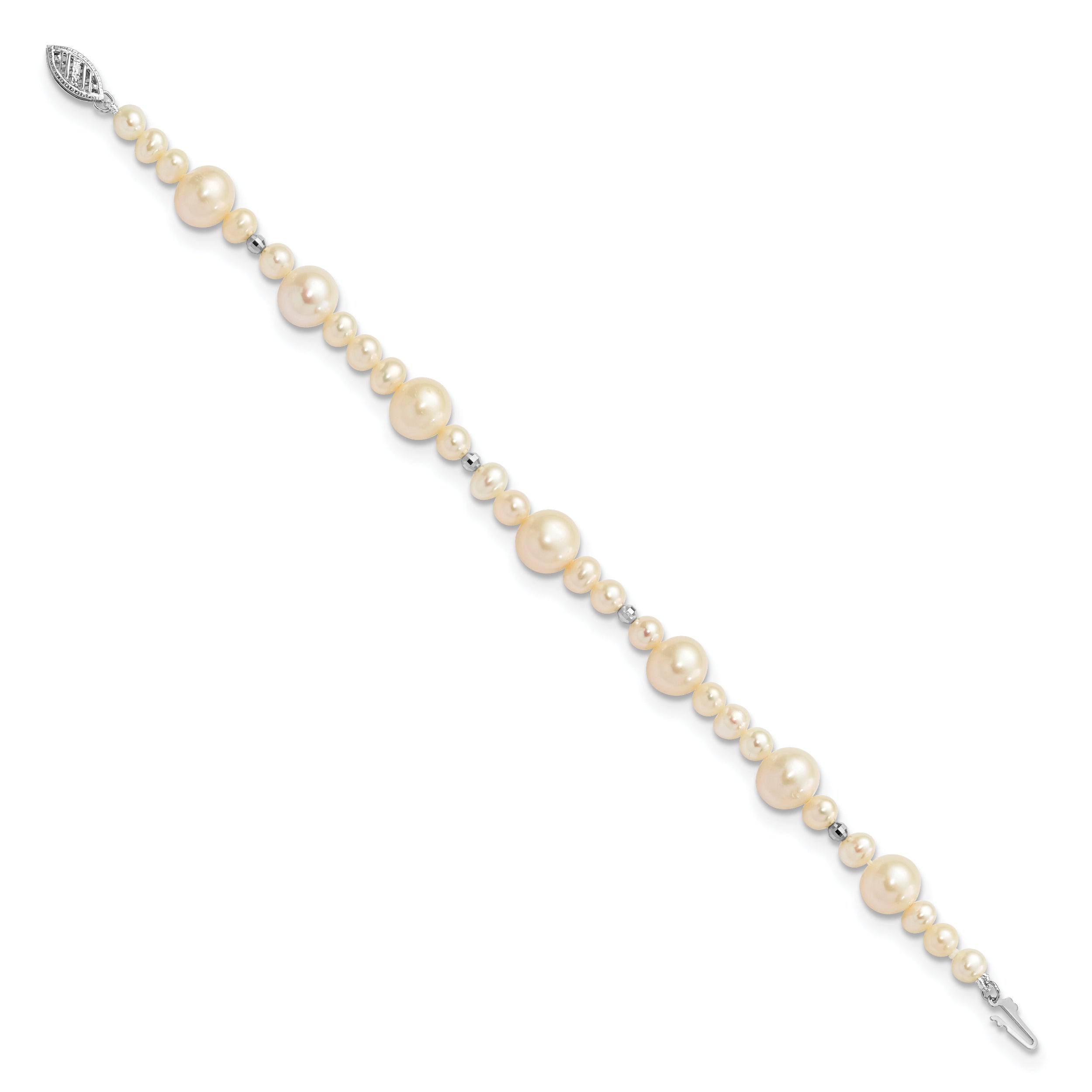 14k White Gold 5-9mm White Near-Round Freshwater Cultured Pearl Beaded 7.5 inch Bracelet