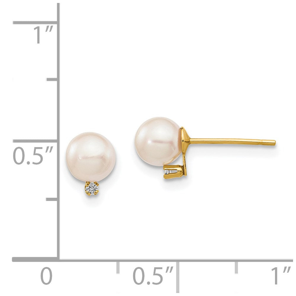 14k 5-6mm White Round Saltwater Akoya Cultured Pearl Diamond Post Earrings