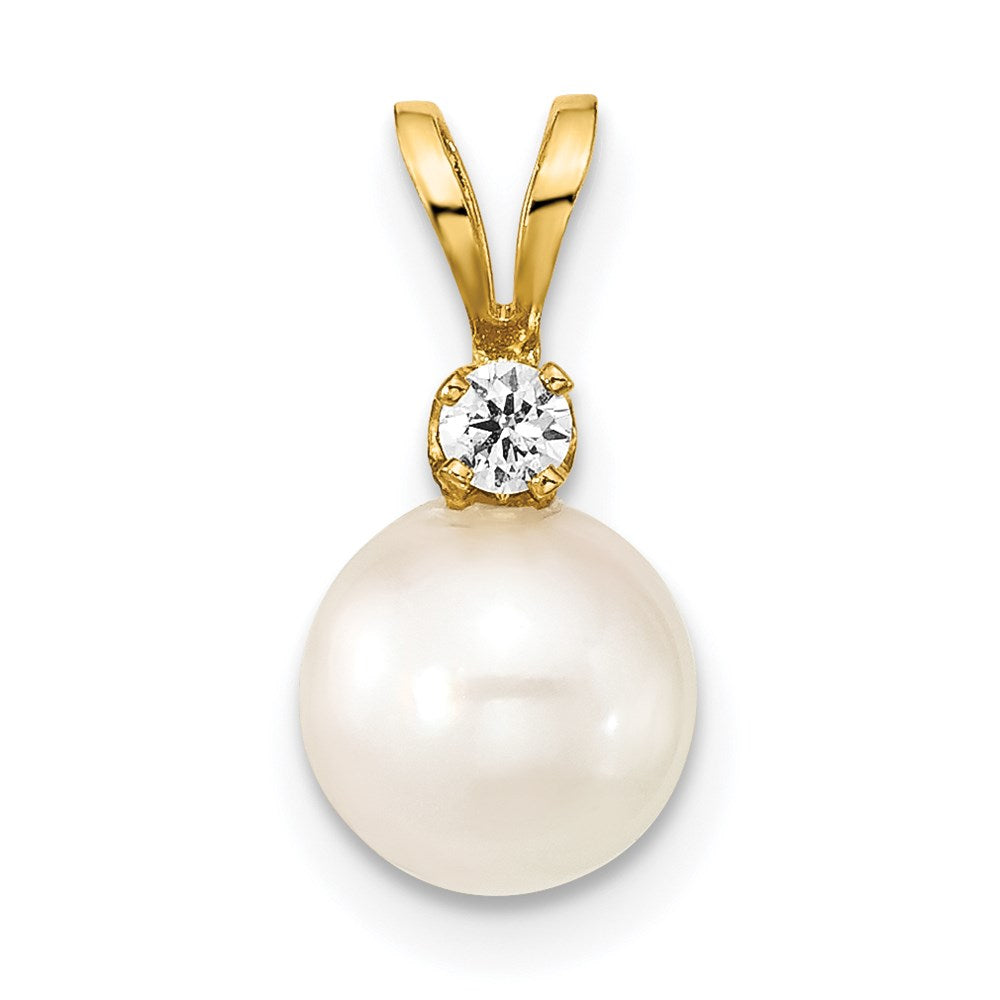 14k 7-8mm Round White Saltwater Akoya Cultured Pearl Diamond Pendant