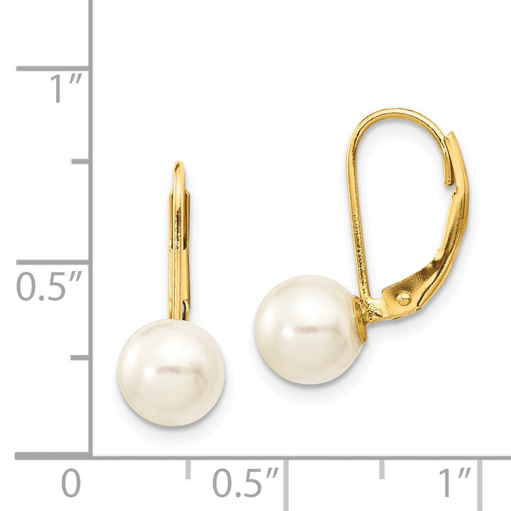 14k 7-8mm White Round Saltwater Akoya Cultured Pearl Leverback Earrings
