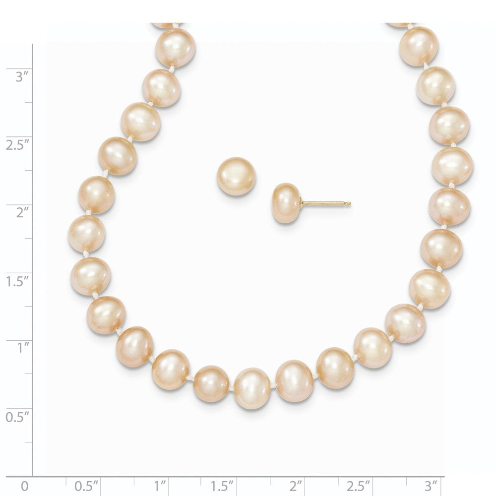 14k 7-8mm Near Round Pink FWC Pearl Necklace and Button Earring Set