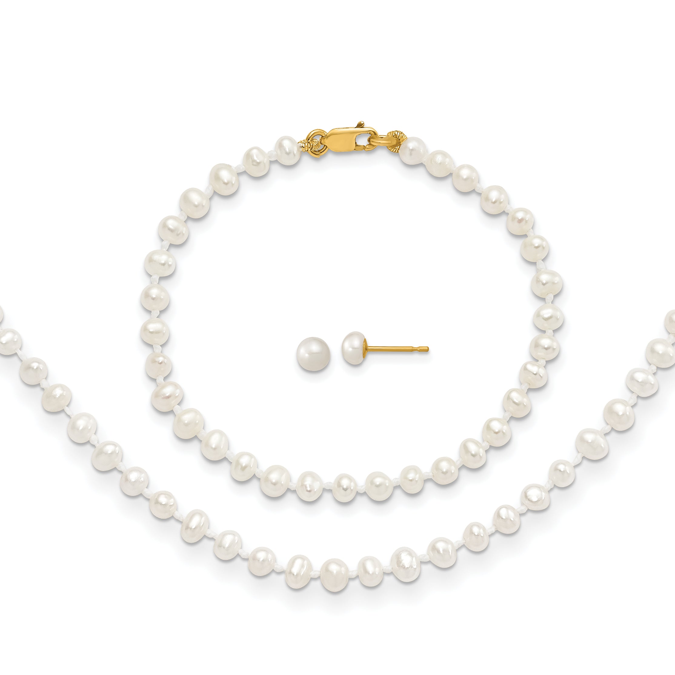 14K 3-4Mm Fw Cultured Pearl 14In Necklace, 5In. Bracelet & Earring Set