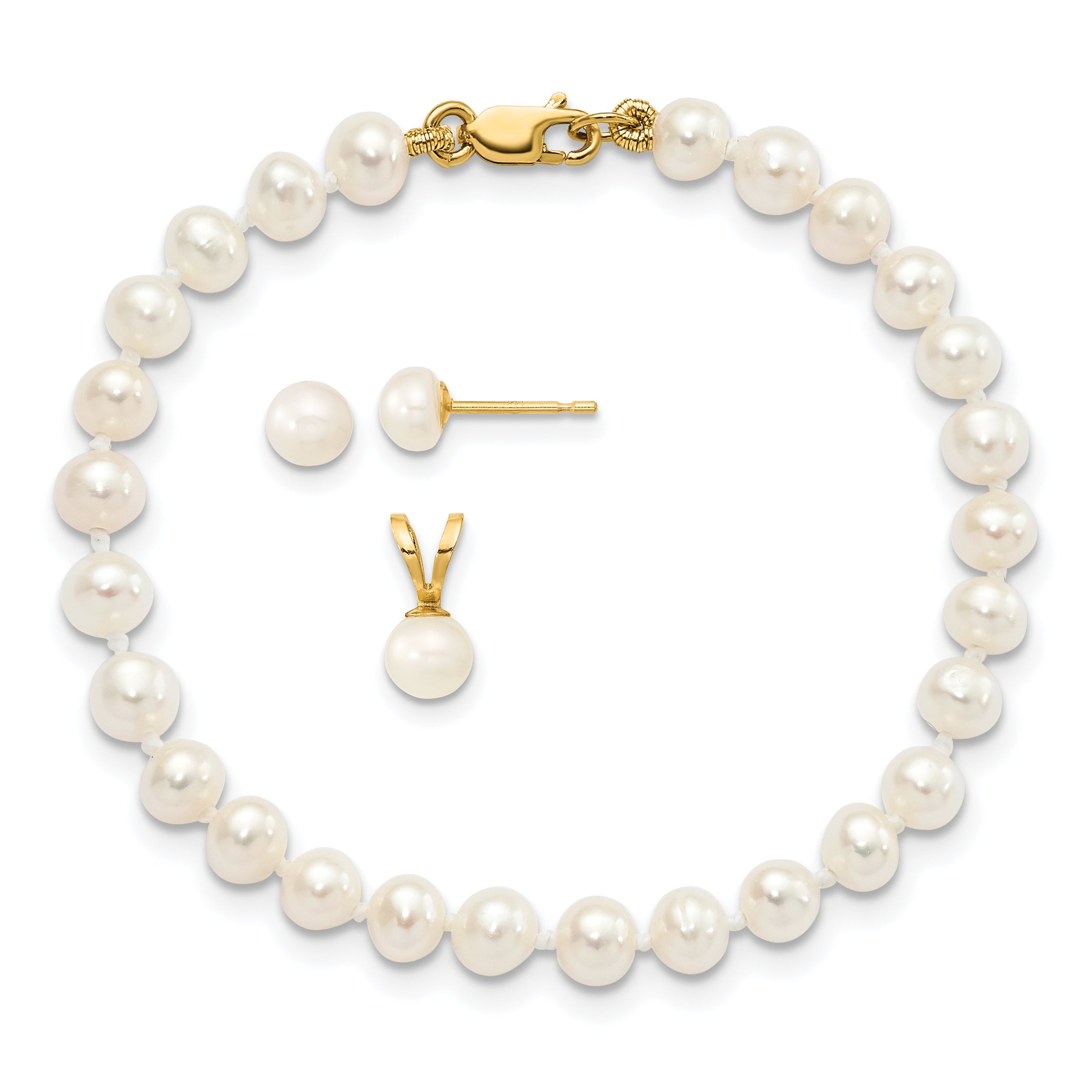 14K 4-5Mm White Fw Cultured Pearl Pendant, 5In Bracelet & Earring Set