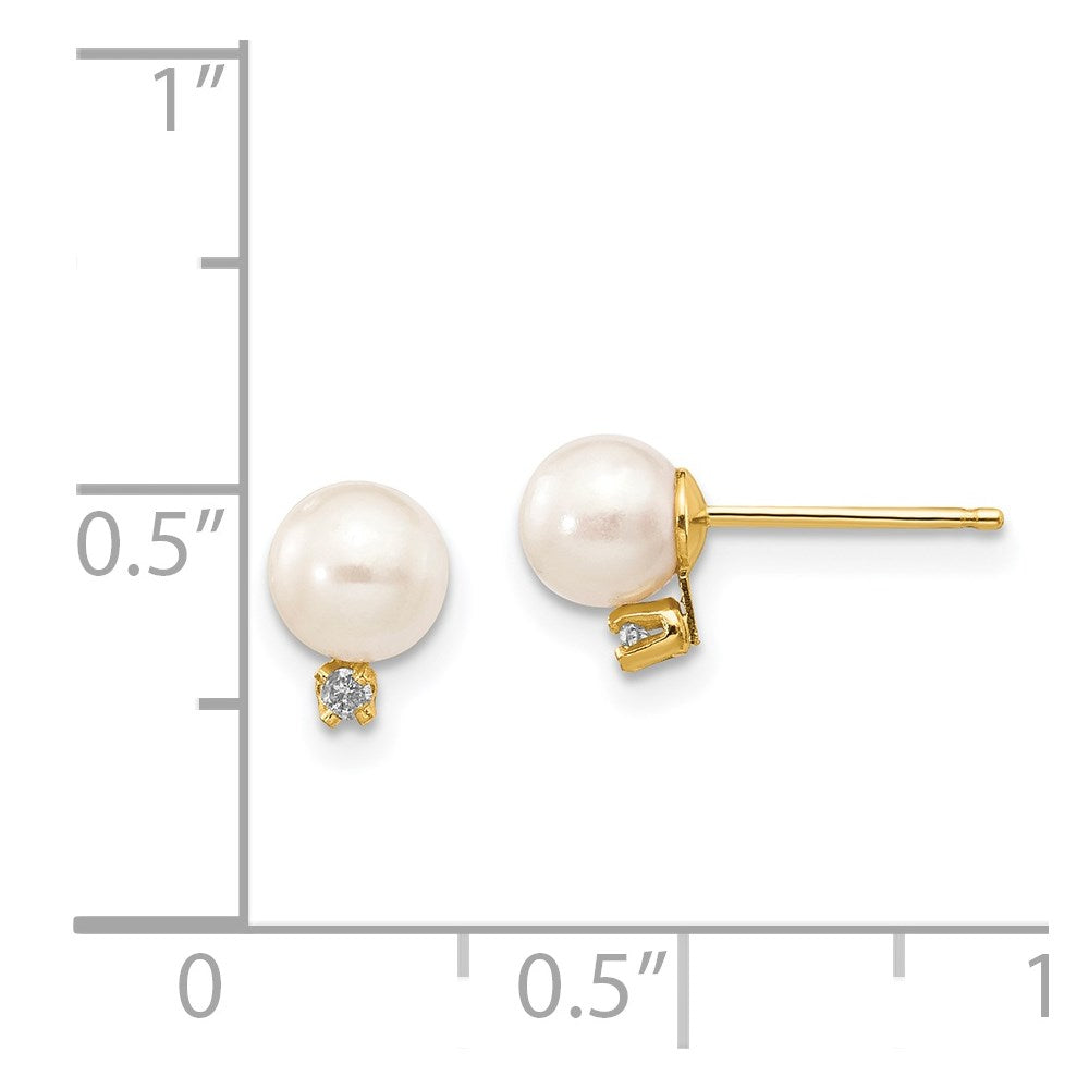 14k 5-6mm White Round Freshwater Cultured Pearl .02ct Diamond Post Earrings