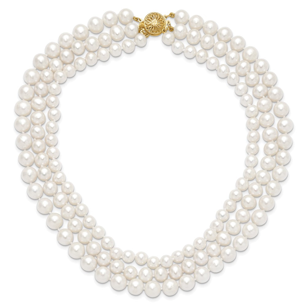 14k 8-9mm White Near Round FW Cultured Pearl 3-Strand Necklace