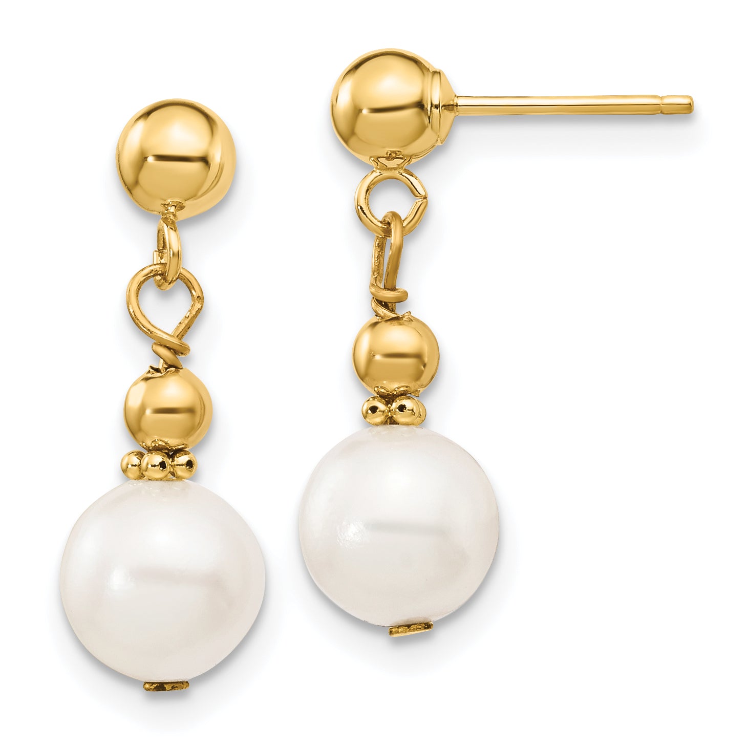 14K 7-8Mm White Semi-Round Freshwater Cultured Pearl Dangle Post Earrings