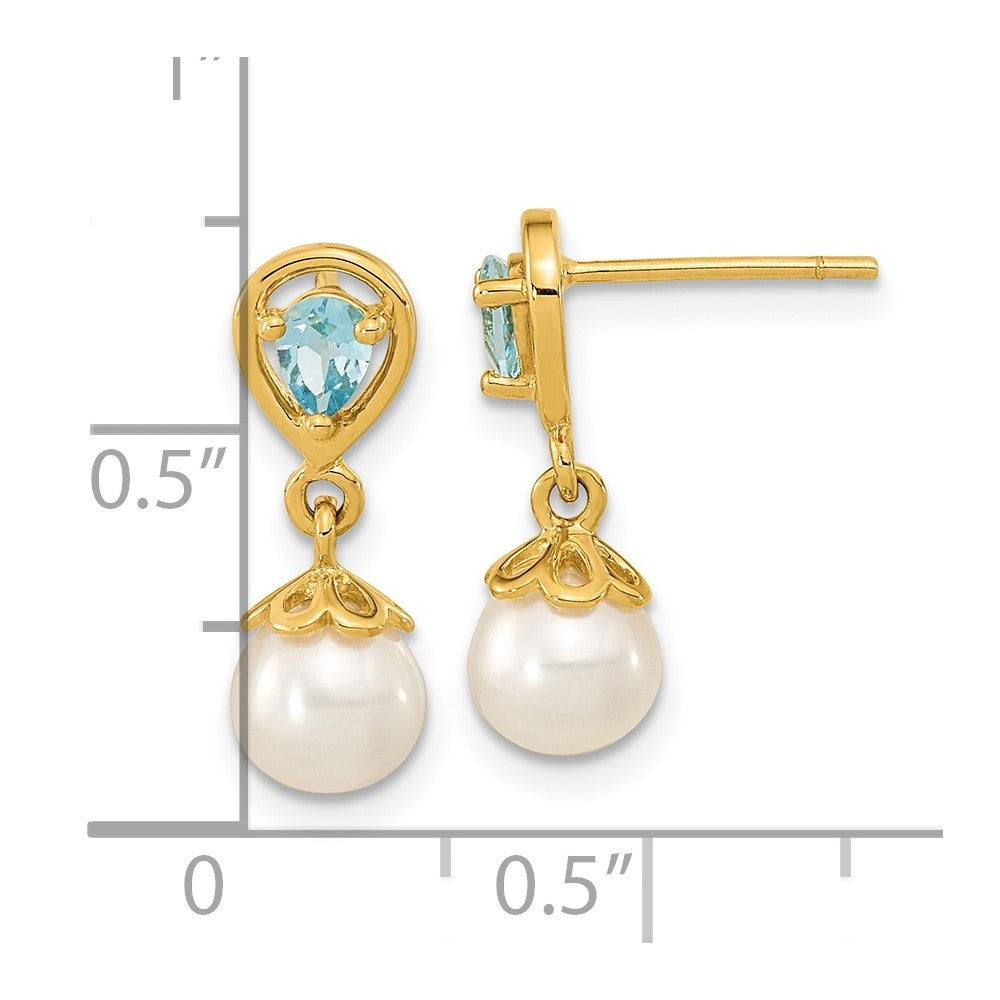 14K 6-7mm FWC Pearl Light Swiss Blue Topaz Dangle Post Earrings
