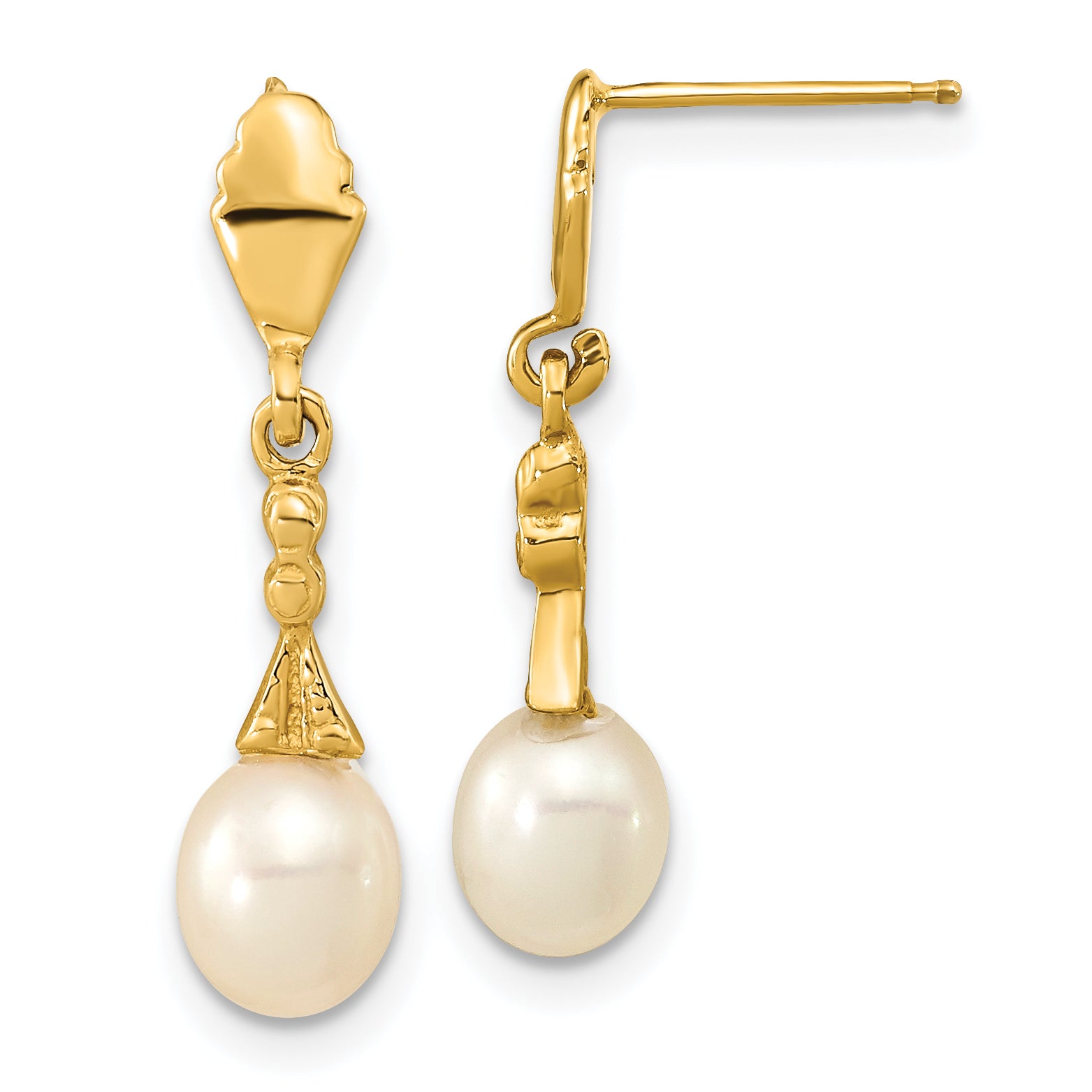 14K 5-6Mm White Teardrop Freshwater Cultured Pearl Dangle Post Earrings