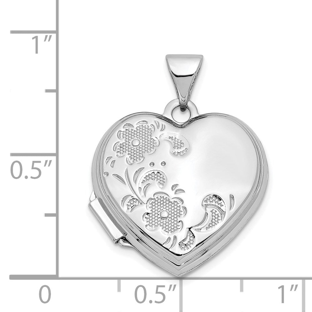14k White Gold Polished Textured Floral Heart Locket