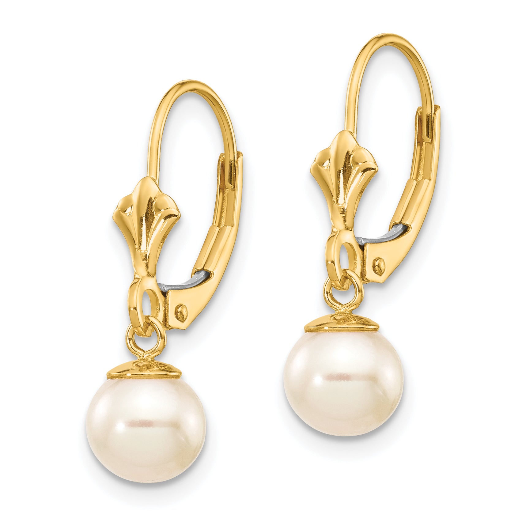 14k 6-7mm White Round Freshwater Cultured Pearl Dangle Leverback Earrings