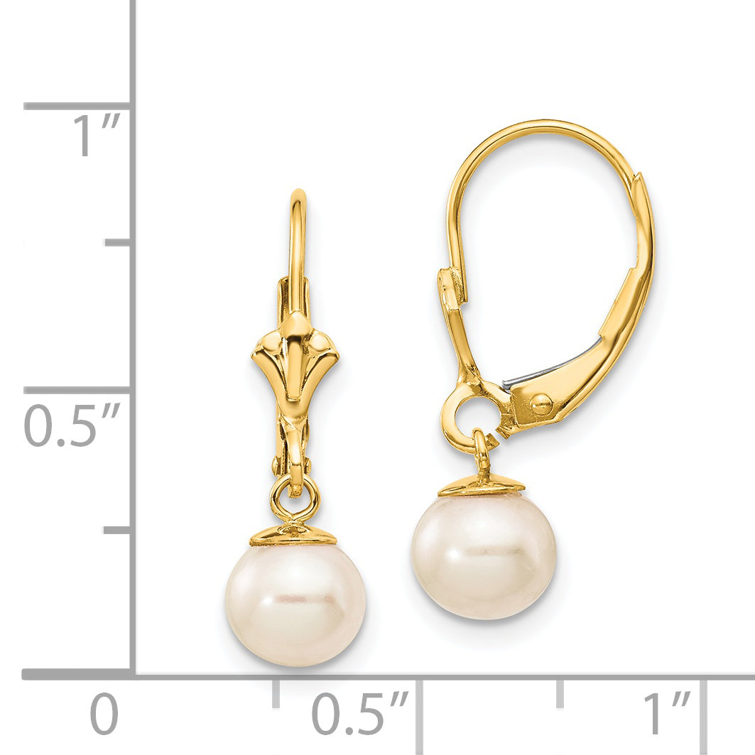 14k 6-7mm White Round Freshwater Cultured Pearl Dangle Leverback Earrings