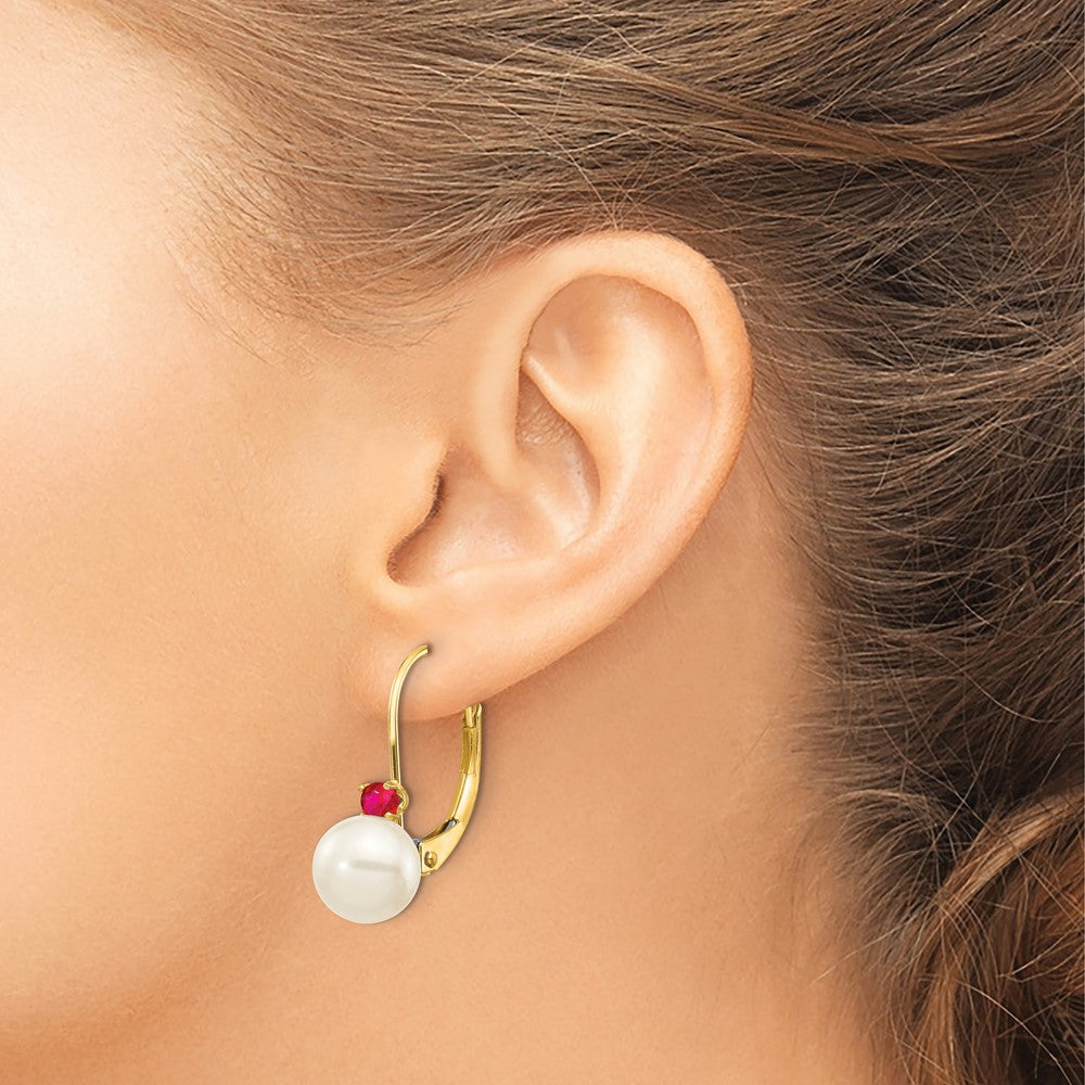 14k 6-6.5mm White Round FW Cultured Pearl Ruby Leverback Earrings