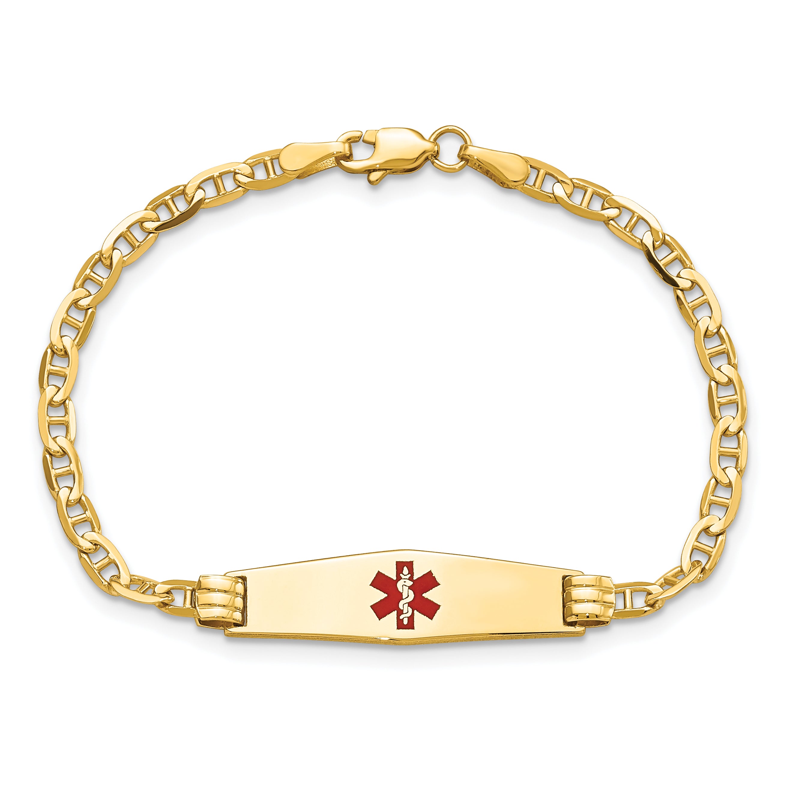 14K Medical Solid Chain/Solid Plate 25x7mm Soft Diamond Shape Centered Red Enamel Anchor Link 6 inch Baby/Child ID Bracelet