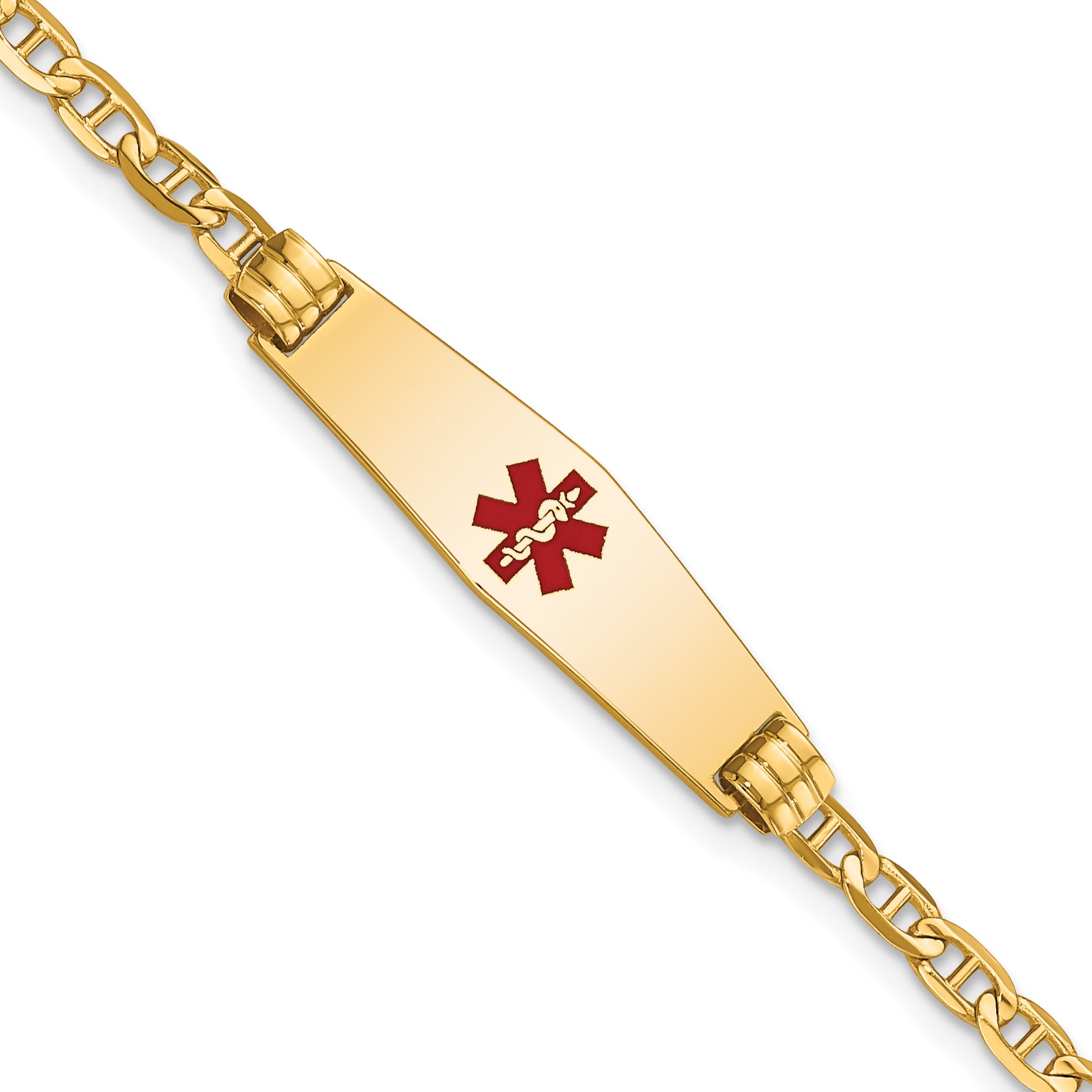 14K Medical Solid Chain/Solid Plate 25x7mm Soft Diamond Shape Centered Red Enamel Anchor Link 6 inch Baby/Child ID Bracelet
