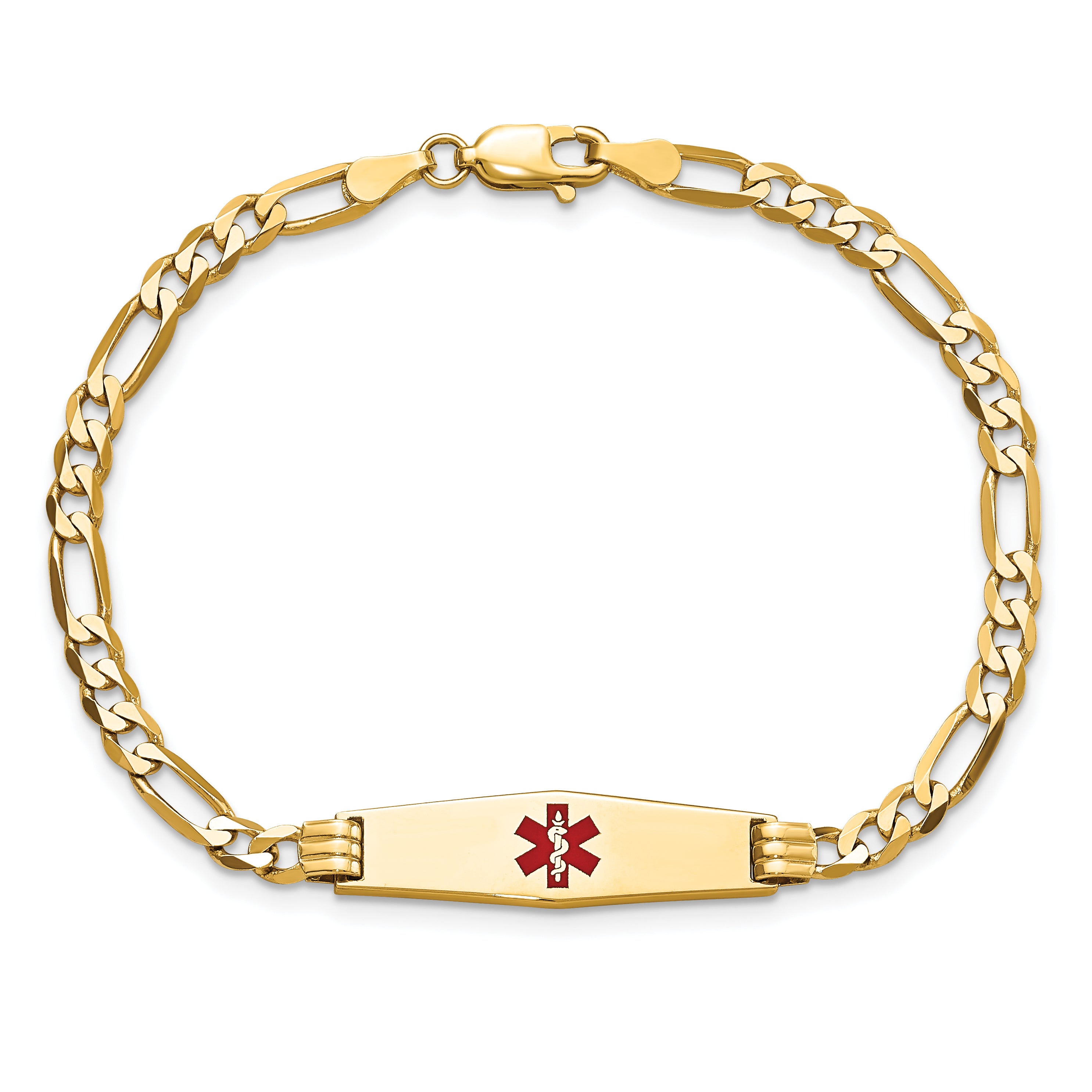 14K Medical Soft Diamond Shape Red Enamel Figaro Id Bracelet