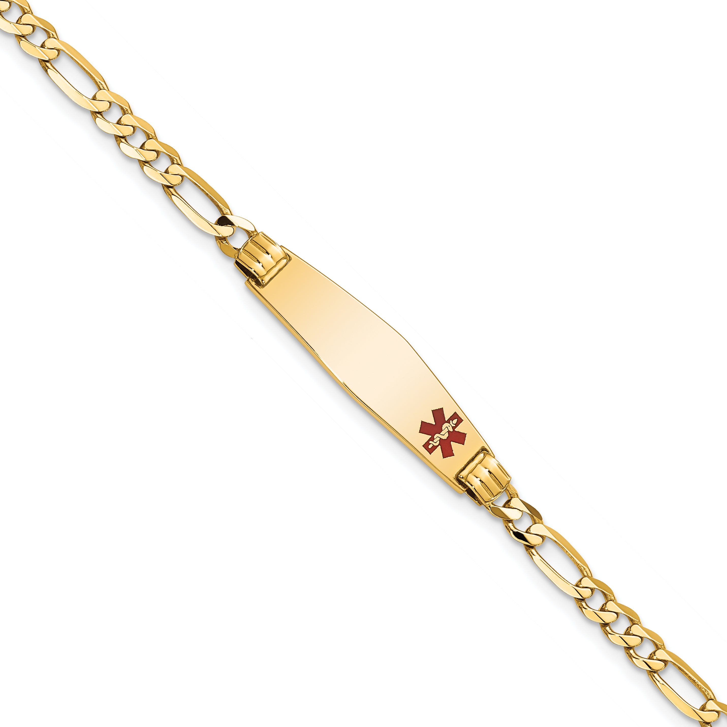 14K Medical Soft Diamond Shape Red Enamel Figaro Id Bracelet