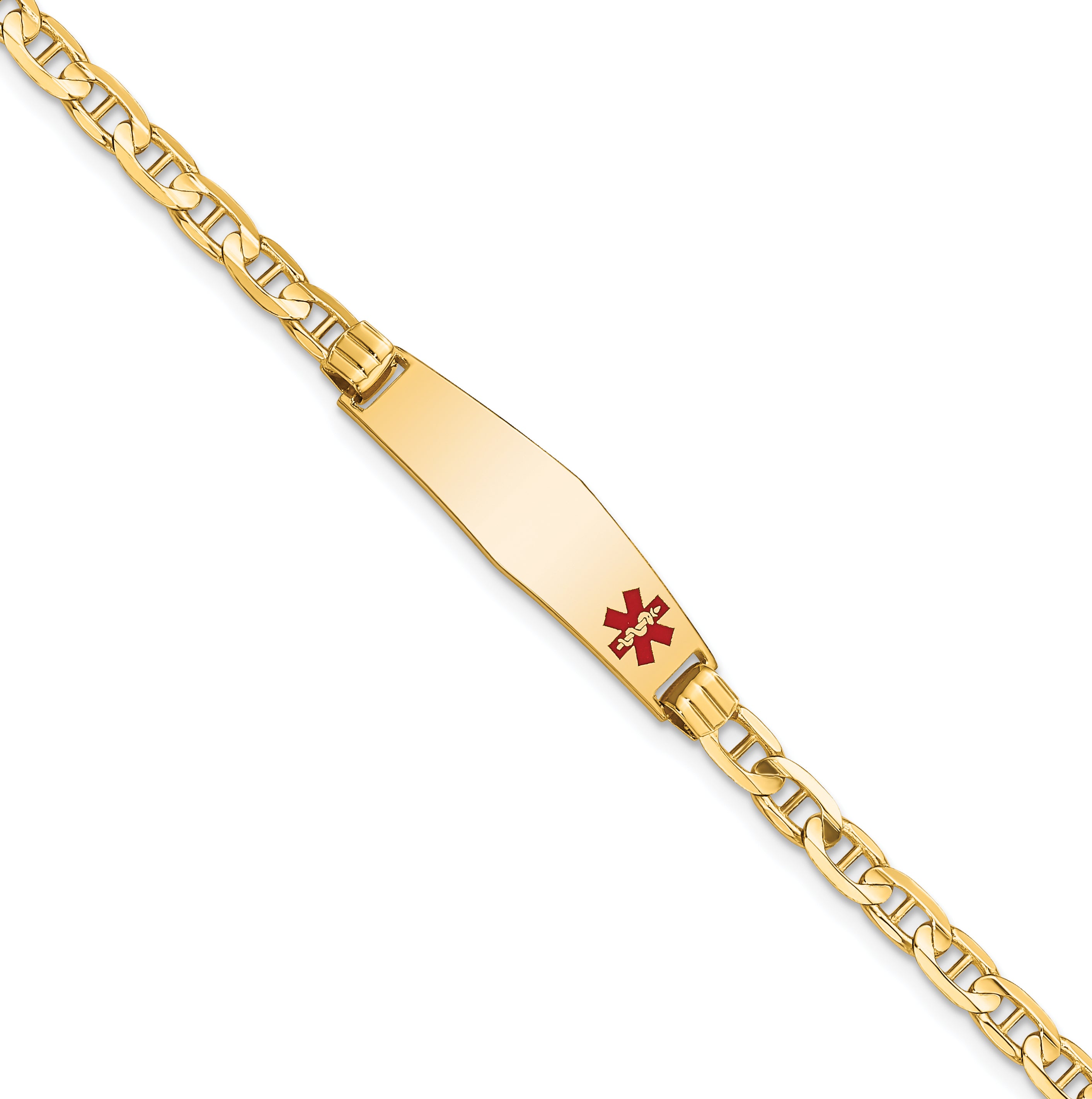 14K Medical Soft Diamond Shape Red Enamel Anchor Link Id Bracelet