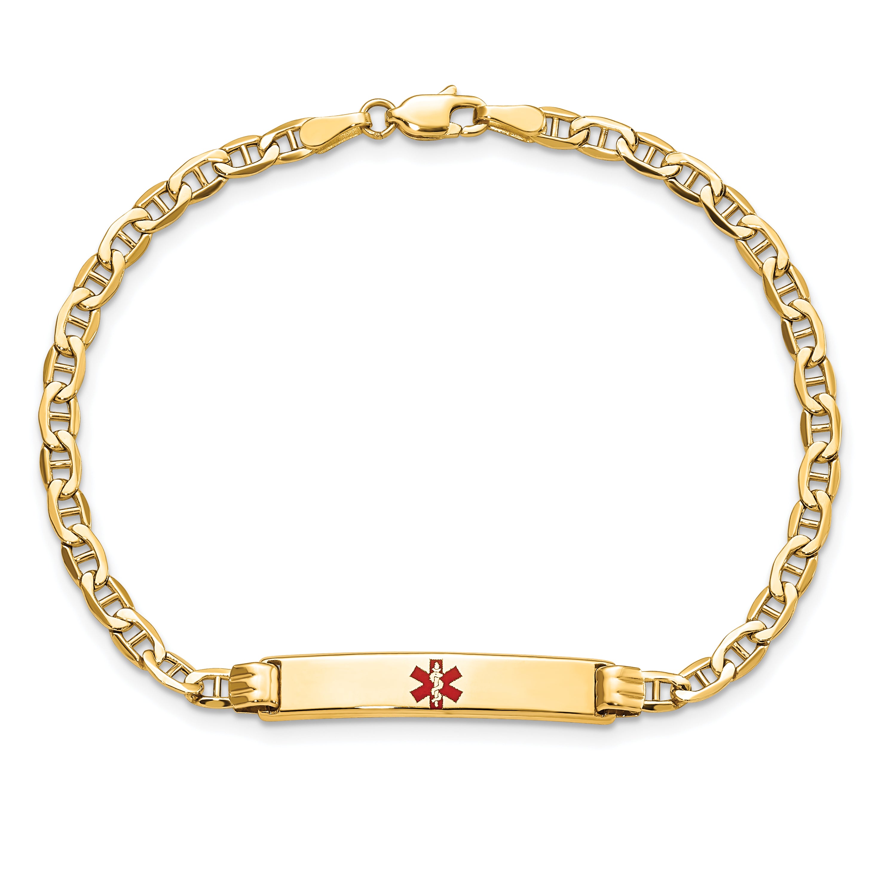 14K Medical Semi-Solid Chain/Solid Plate 26x5mm Centered Red Enamel Anchor Link 7 inch ID Bracelet
