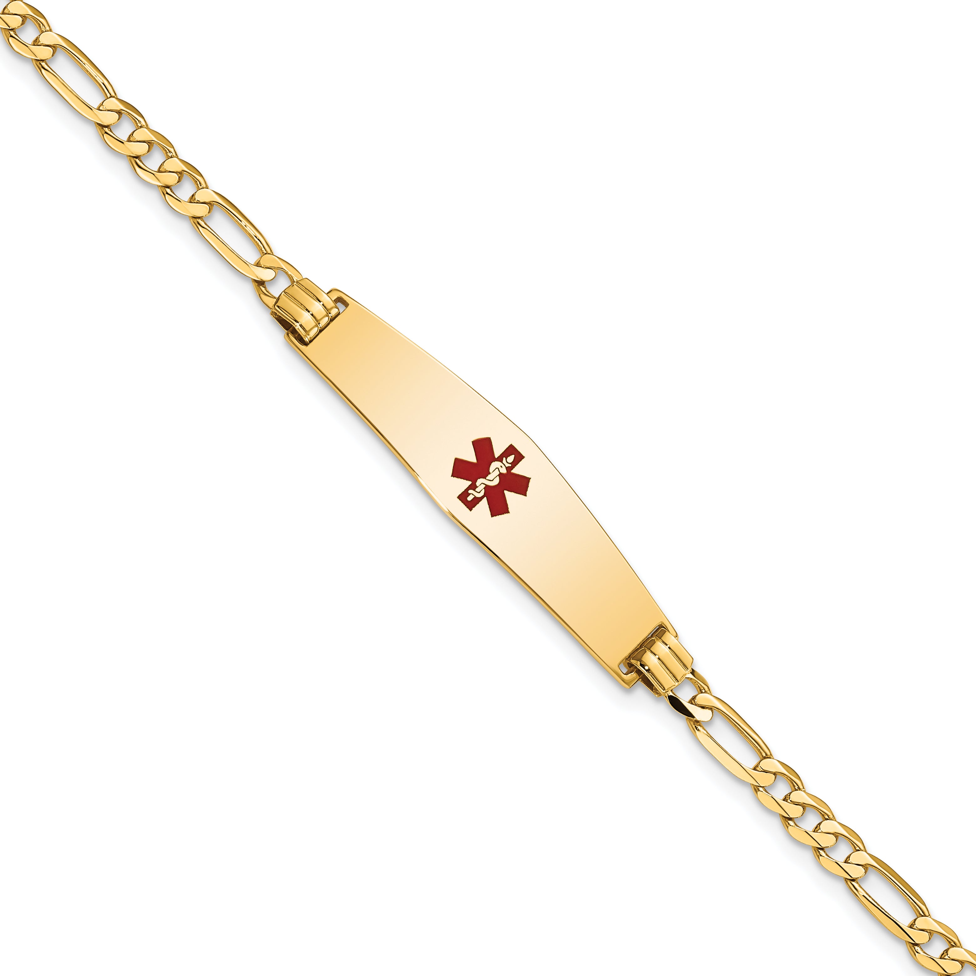 14K Medical Soft Diamond Shape Red Enamel Flat Figaro Link Id Bracelet