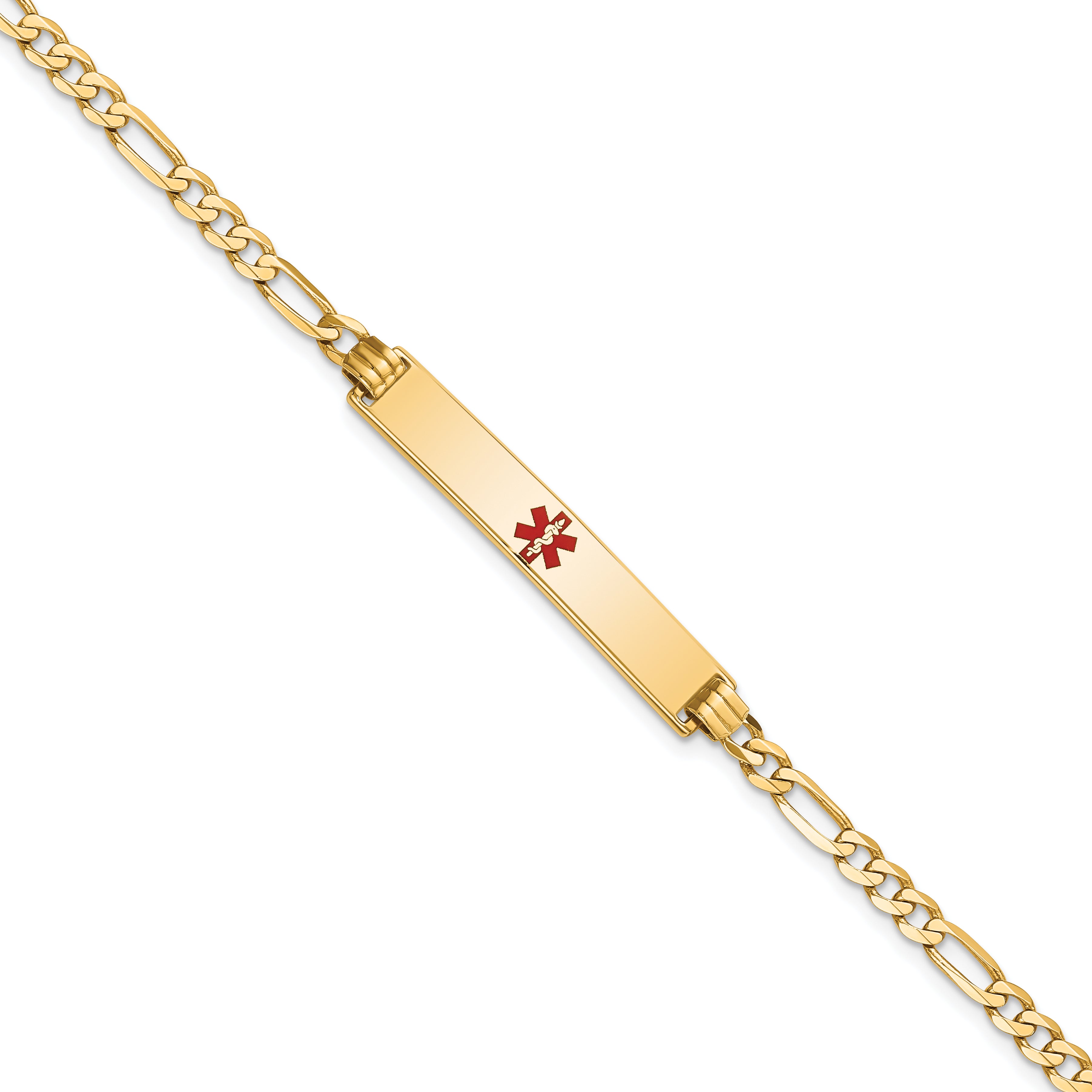 14K Medical Red Enamel Flat Figaro Link Id Bracelet