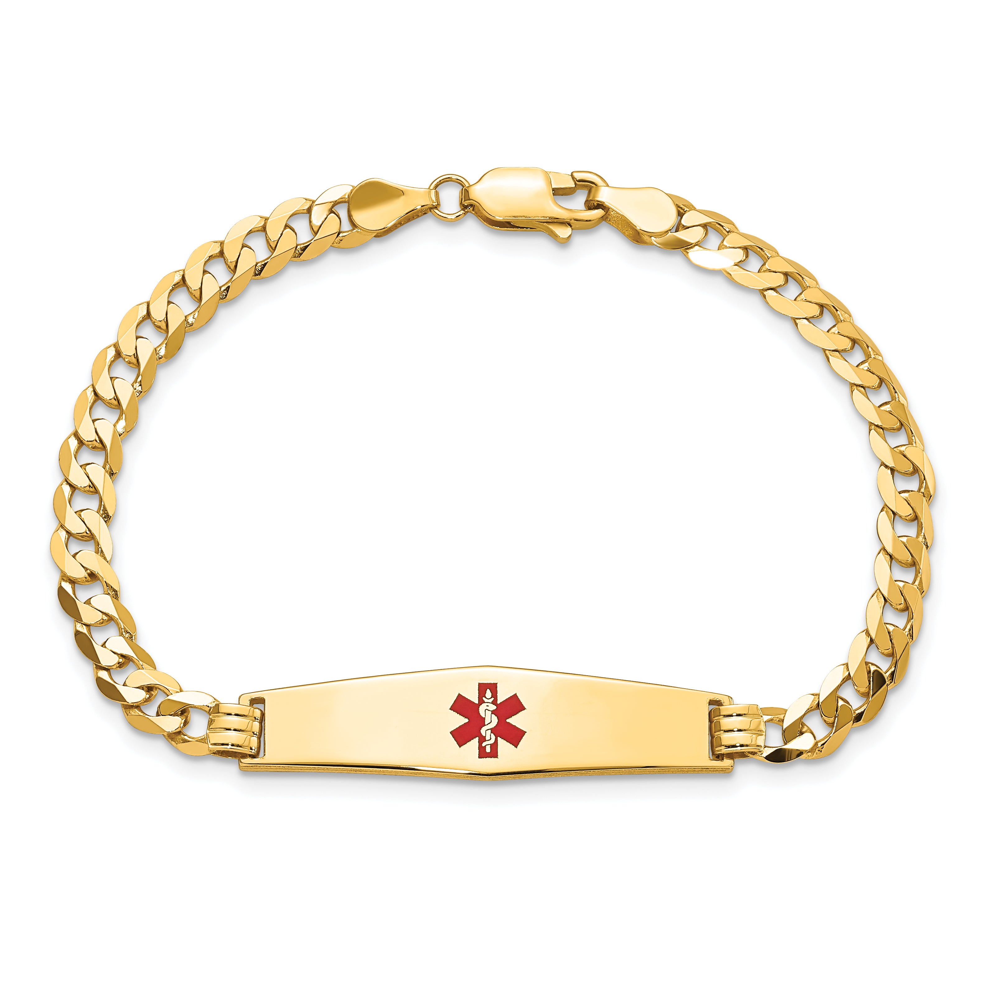 14K Medical Soft Diamond Shape Red Enamel Flat Curb Link Id Bracelet