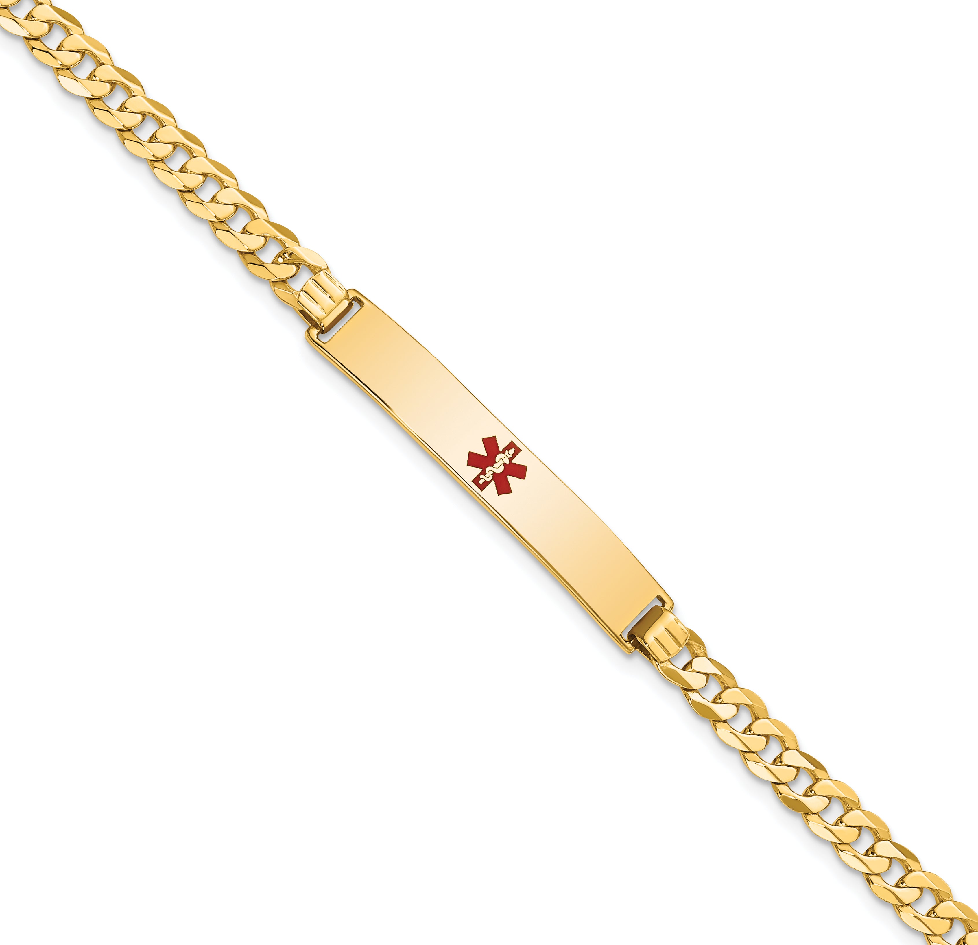 14K Medical Solid Chain/Solid Plate 34x6mm Centered Red Enamel Flat Curb Link 8 inch ID Bracelet