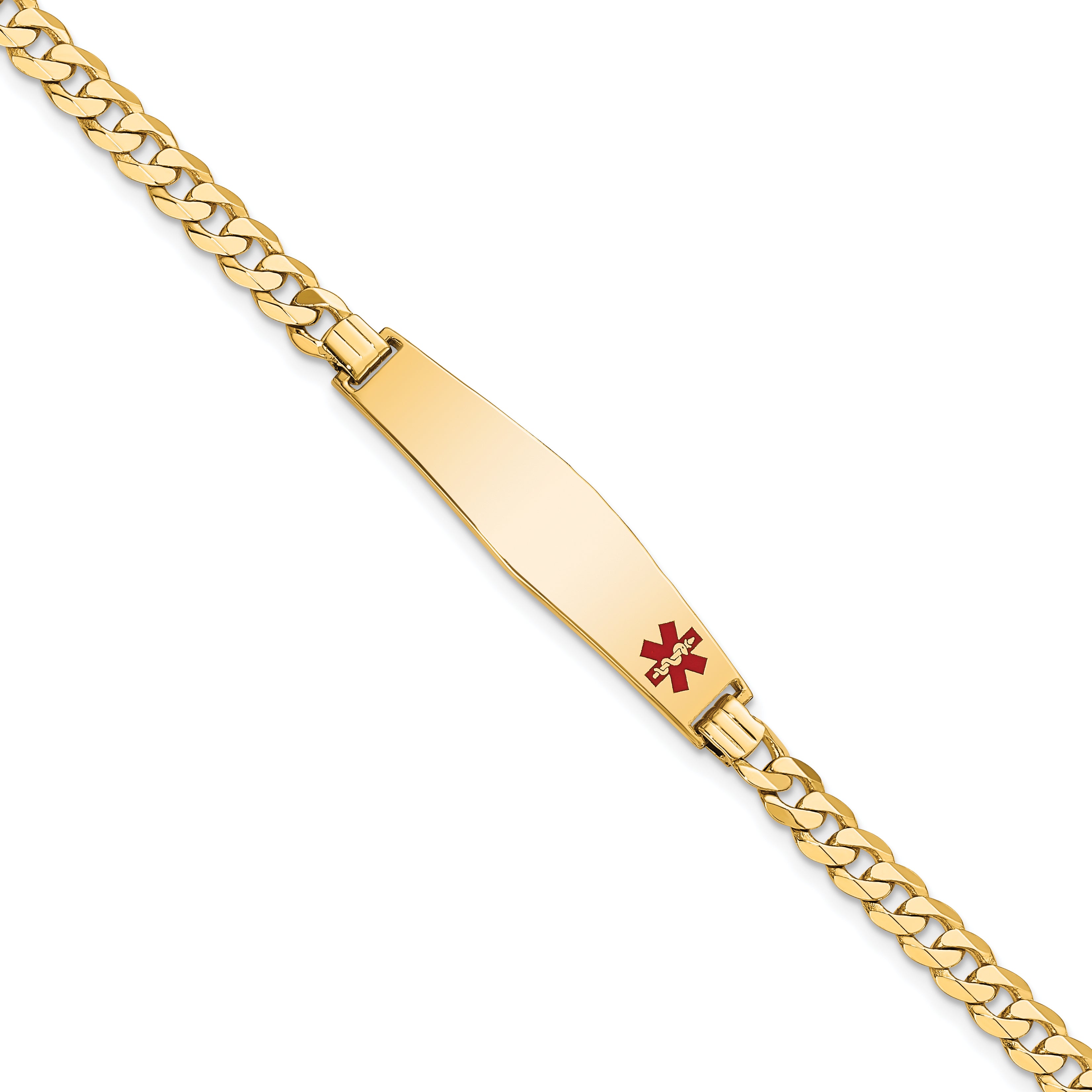 14K Medical Soft Diamond Shape Red Enamel Flat Curb Link Id Bracelet