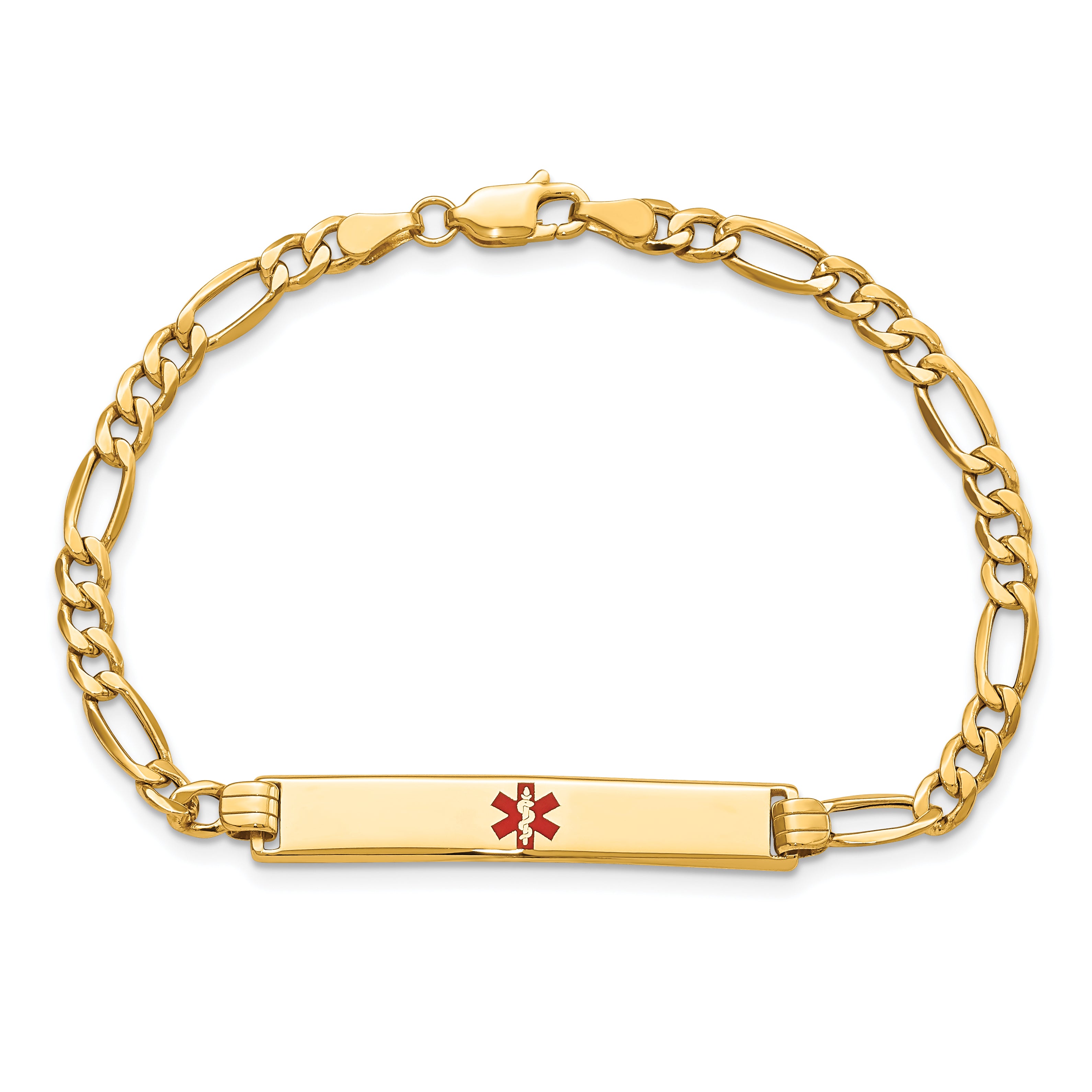 14K Medical Semi-Solid Chain/Solid Plate 34x6mm Centered Red Enamel Figaro Link 7 inch ID Bracelet