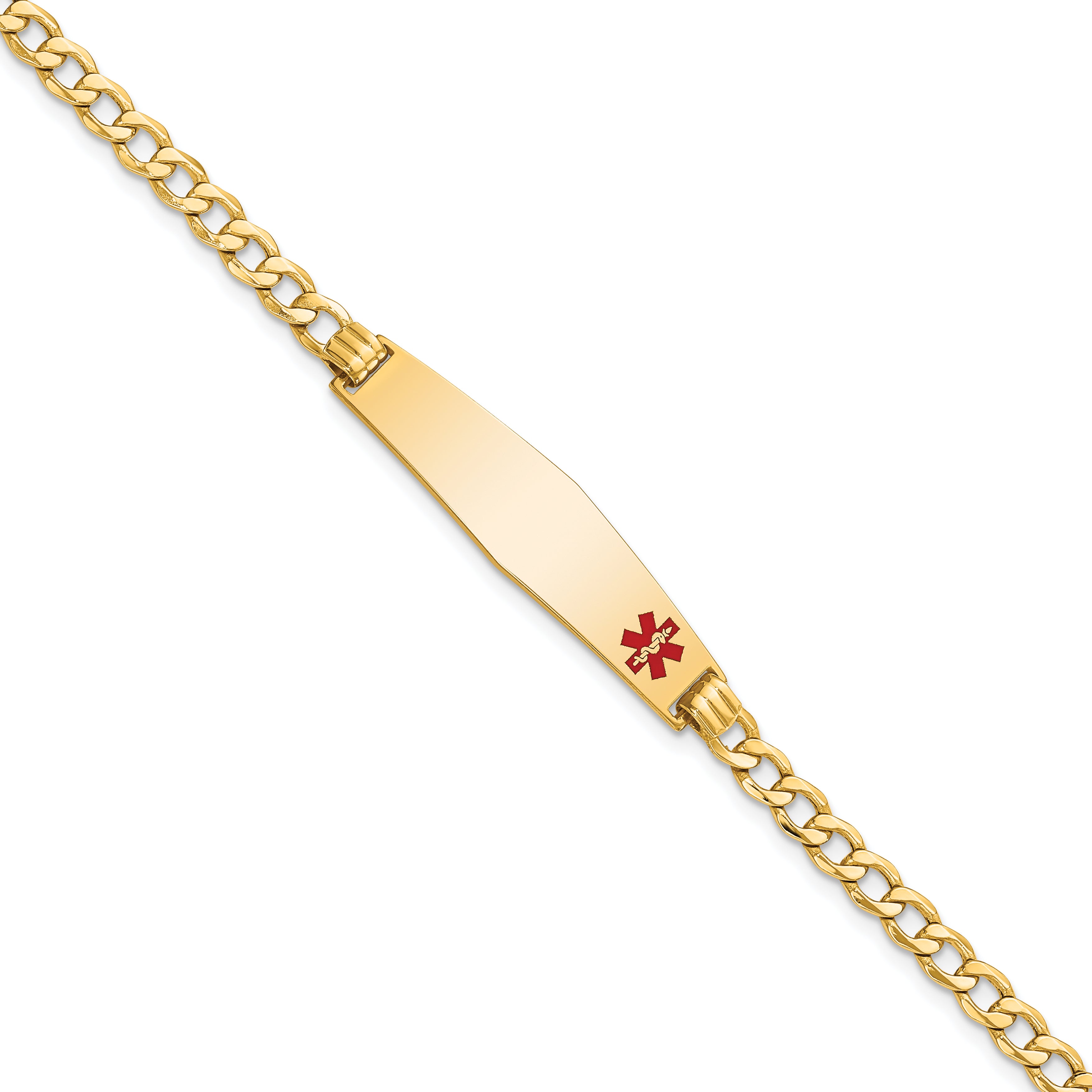 14K Semi-Solid Medical Soft Diamond Shape Red Enamel Curb Link Id Bracelet