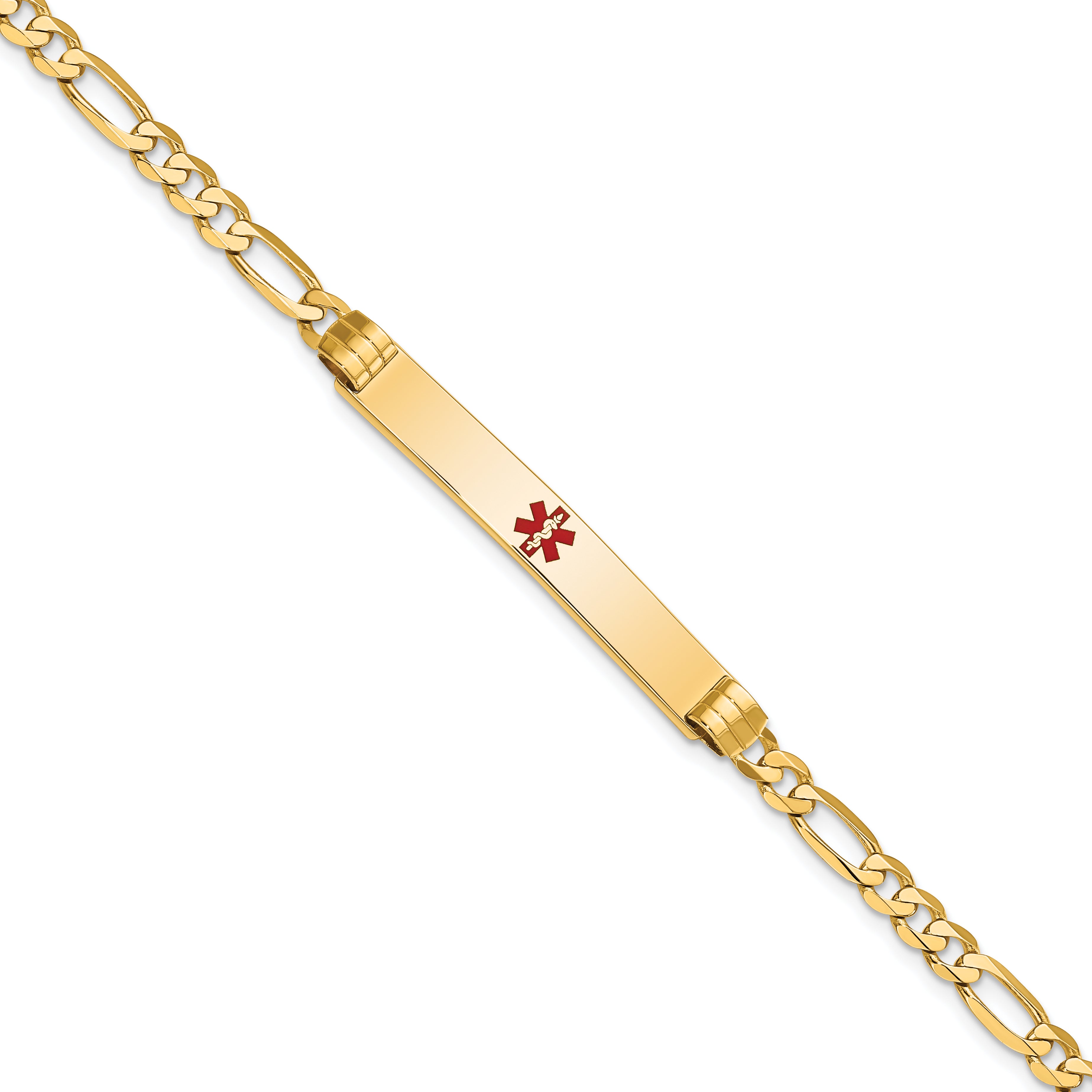 14K Medical Solid Chain/Solid Plate 37x6mm Centered Red Enamel Figaro Link 8 inch ID Bracelet