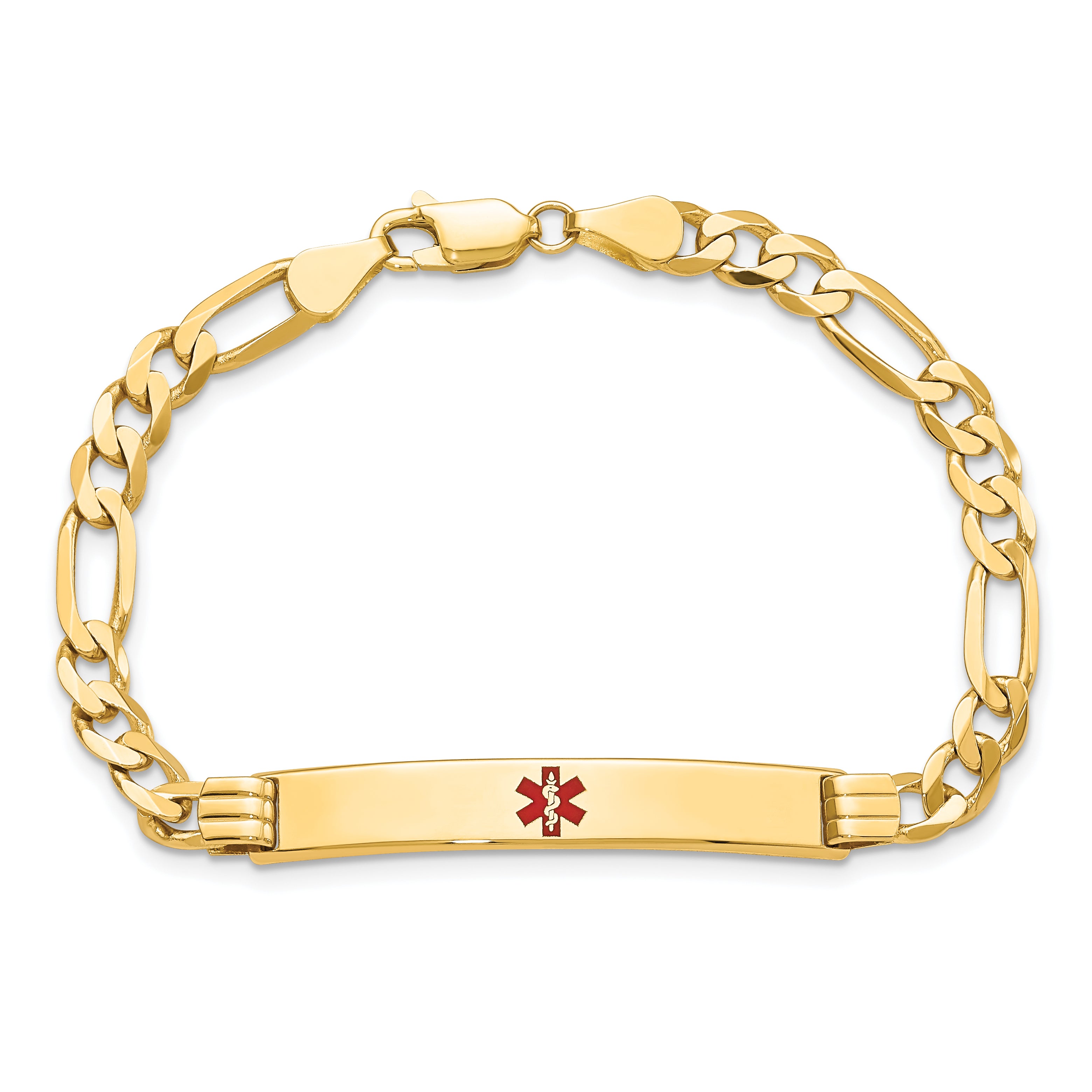 14K Medical Solid Chain/Solid Plate 37x6mm Centered Red Enamel Flat Figaro Link 8 inch ID Bracelet