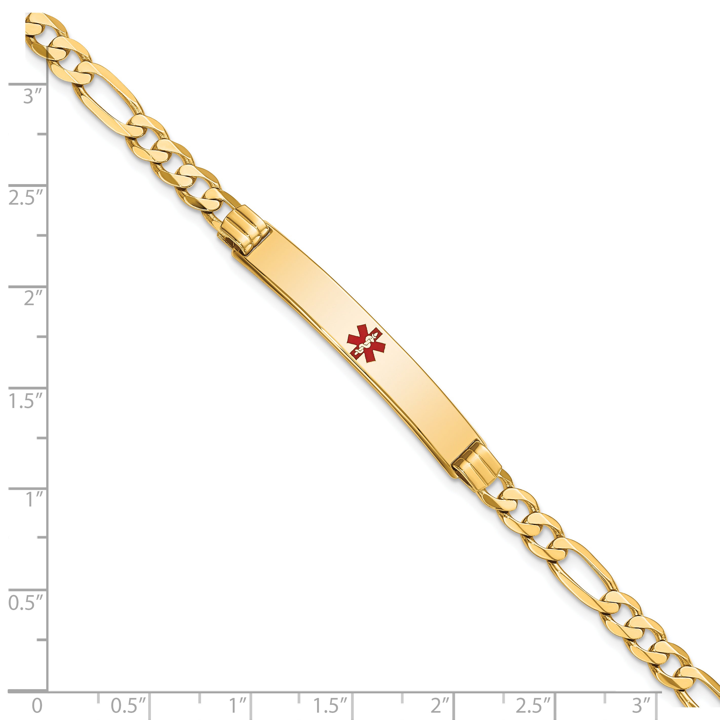 14K Medical Solid Chain/Solid Plate 37x6mm Centered Red Enamel Flat Figaro Link 8 inch ID Bracelet