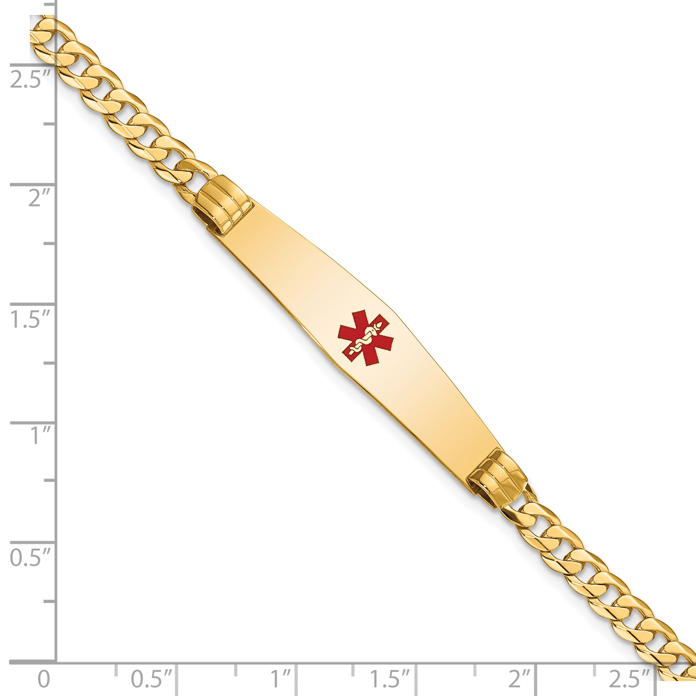 14K Medical Solid Chain/Solid Plate Soft Diamond Shape 36x9mm Centered Red Enamel Curb Link 7 inch ID Bracelet