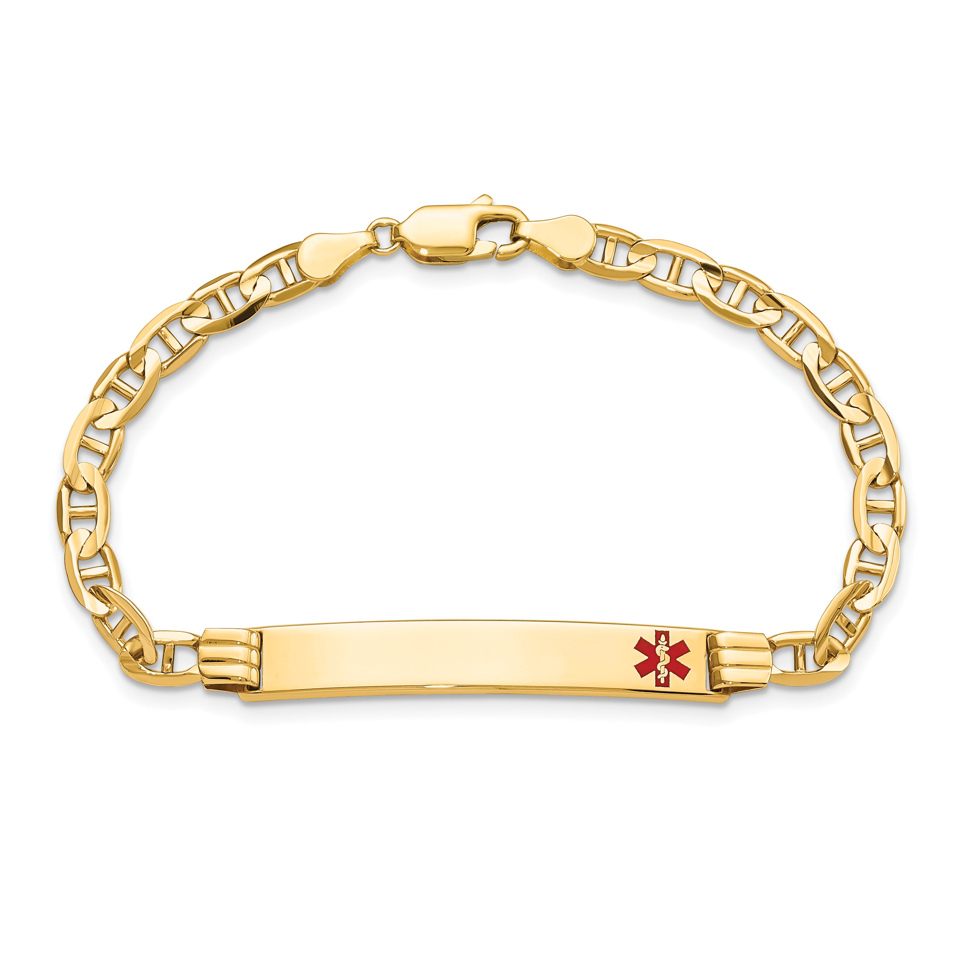 14K Medical Solid Chain/Solid Plate 37x6mm Off-Center Red Enamel Anchor Link 7 inch ID Bracelet