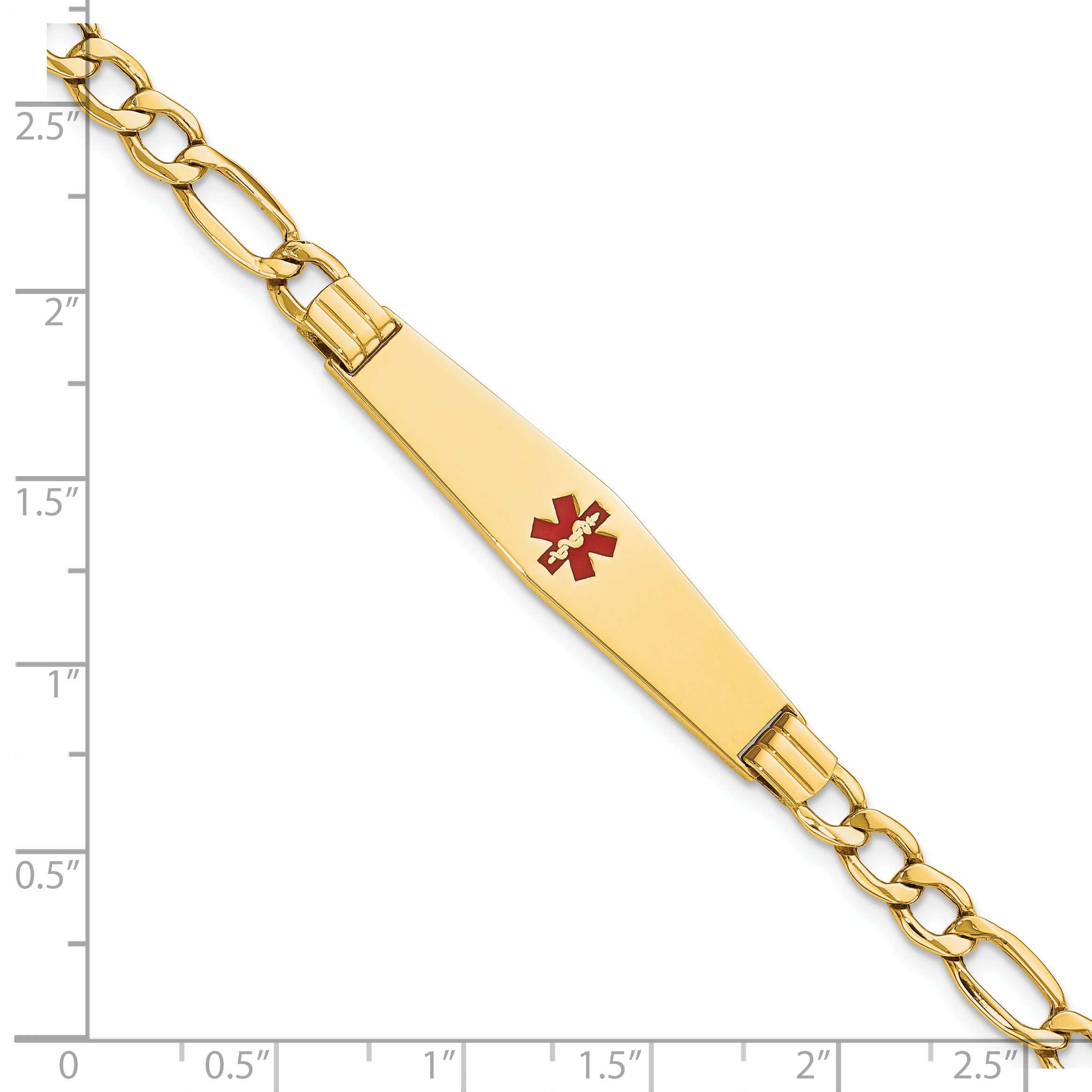 14K Medical Semi-Solid Chain/Solid Plate Soft Diamond Shape 37x9mm Centered Red Enamel Figaro Link 7 inch ID Bracelet