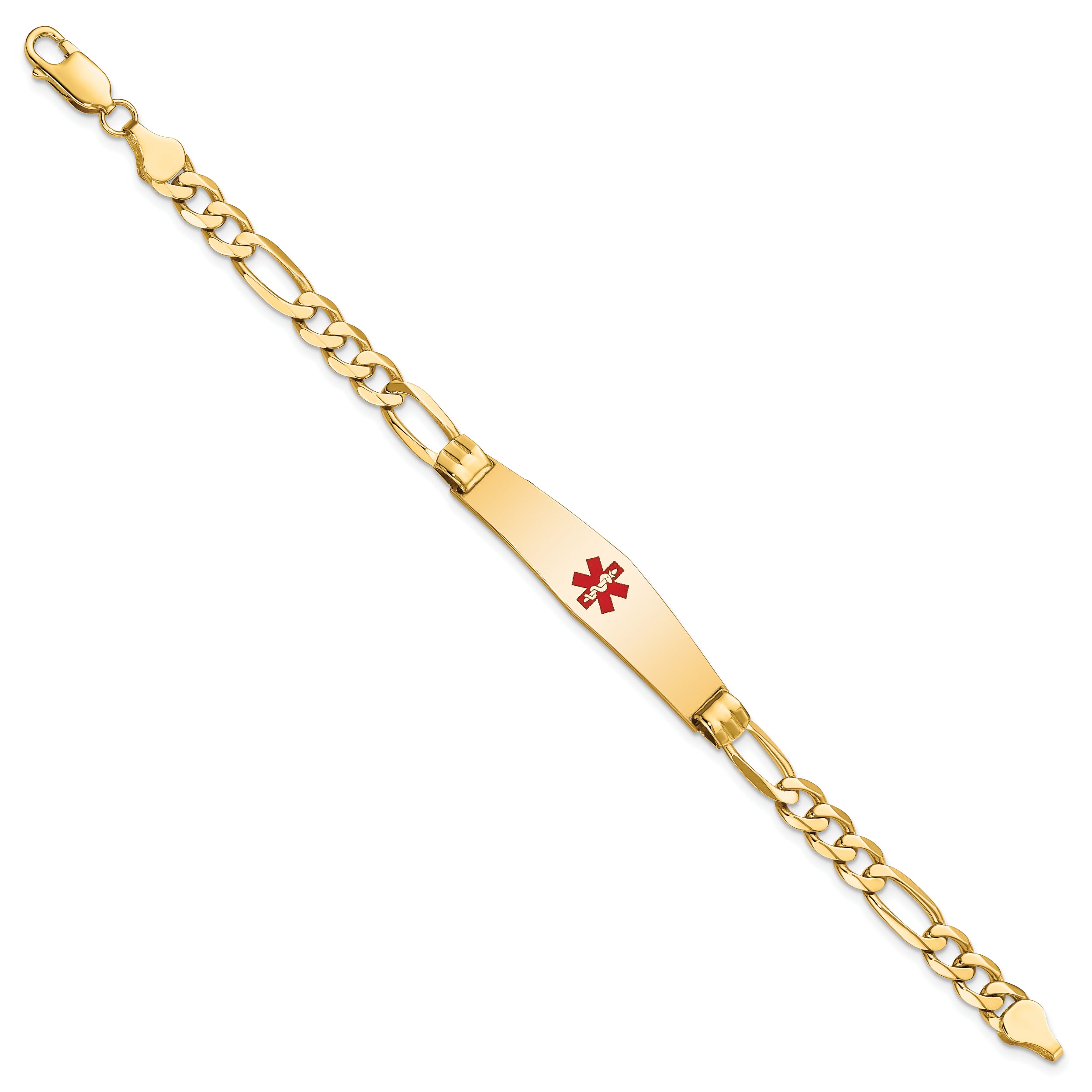 14K Medical Solid Chain/Solid Plate Soft Diamond Shape 36x9mm Centered Red Enamel Figaro Link 7 inch ID Bracelet