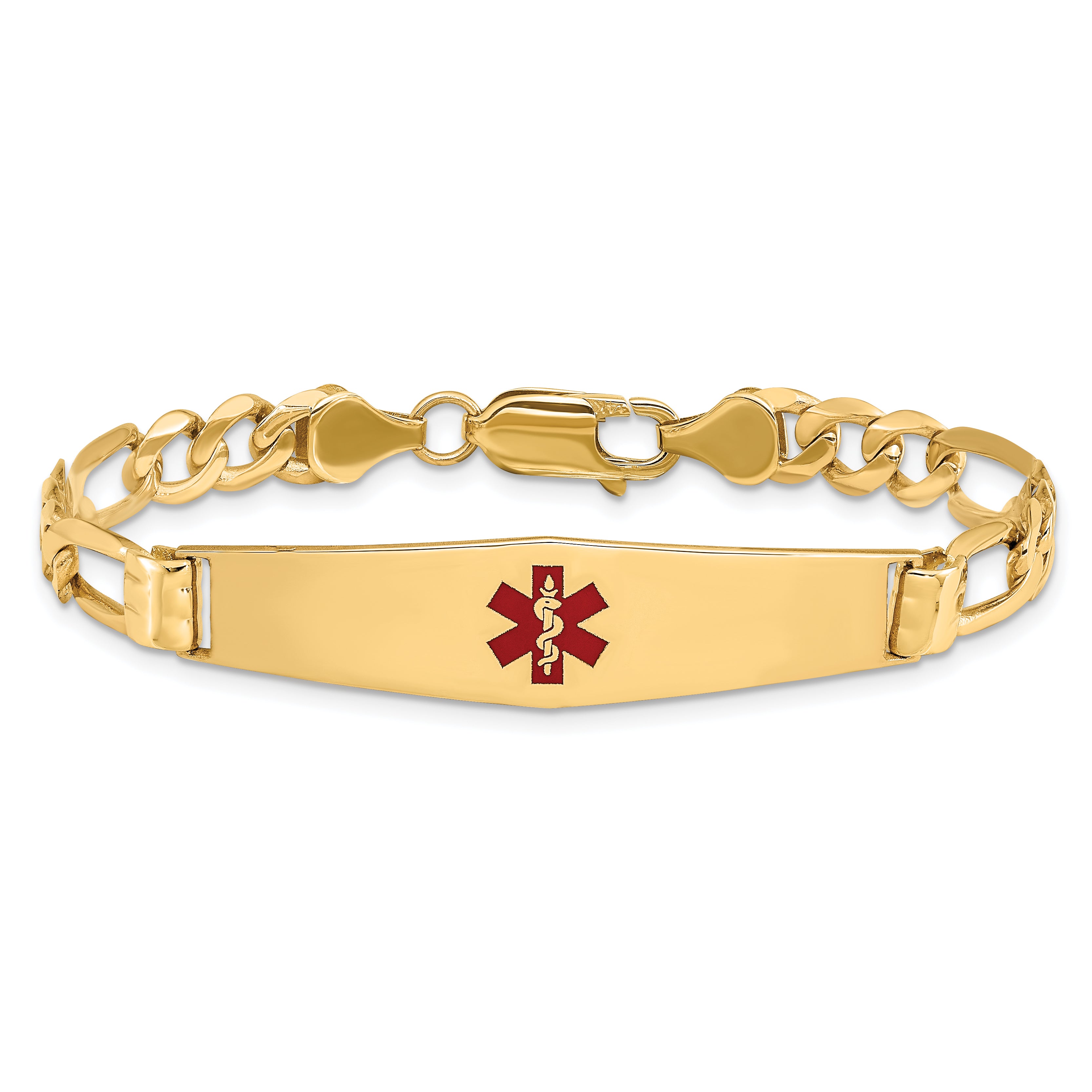 14K Medical Solid Chain/Solid Plate Soft Diamond Shape 36x9mm Centered Red Enamel Figaro Link 7 inch ID Bracelet