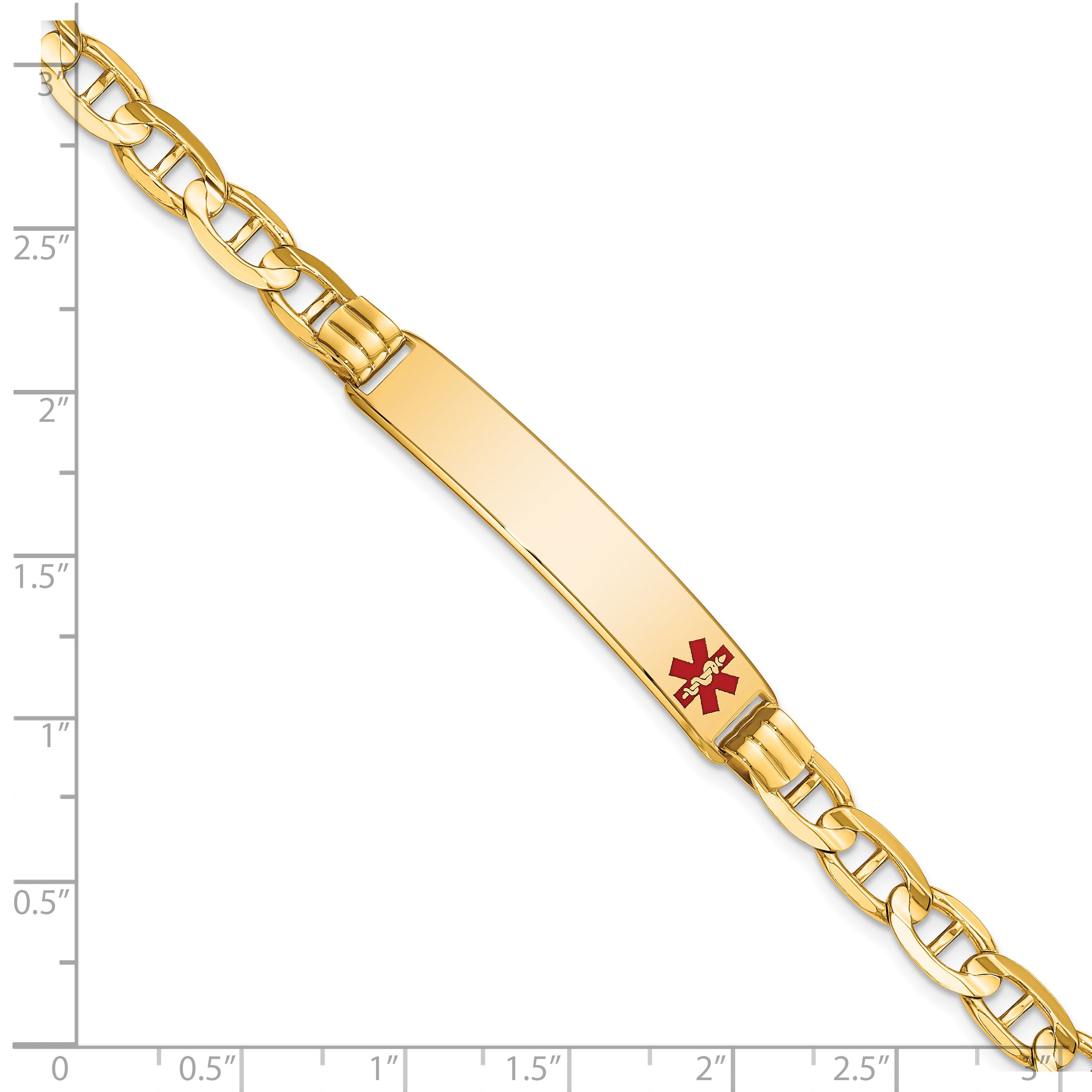 14K Medical Solid Chain/Solid Plate 38x8mm Off-Center Red Enamel Anchor Link 7 inch ID Bracelet