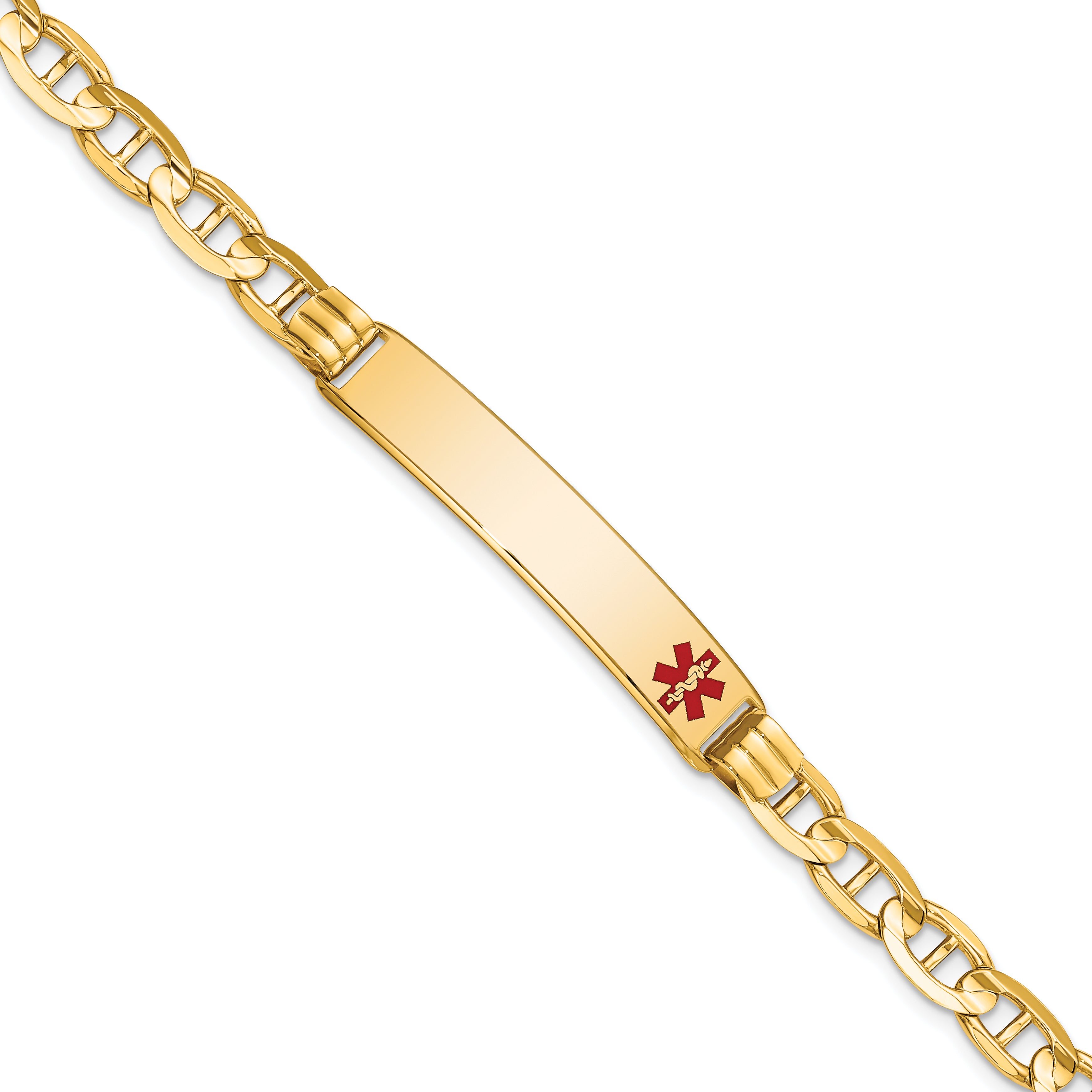 14K Medical Solid Chain/Solid Plate 38x8mm Off-Center Red Enamel Anchor Link 7 inch ID Bracelet