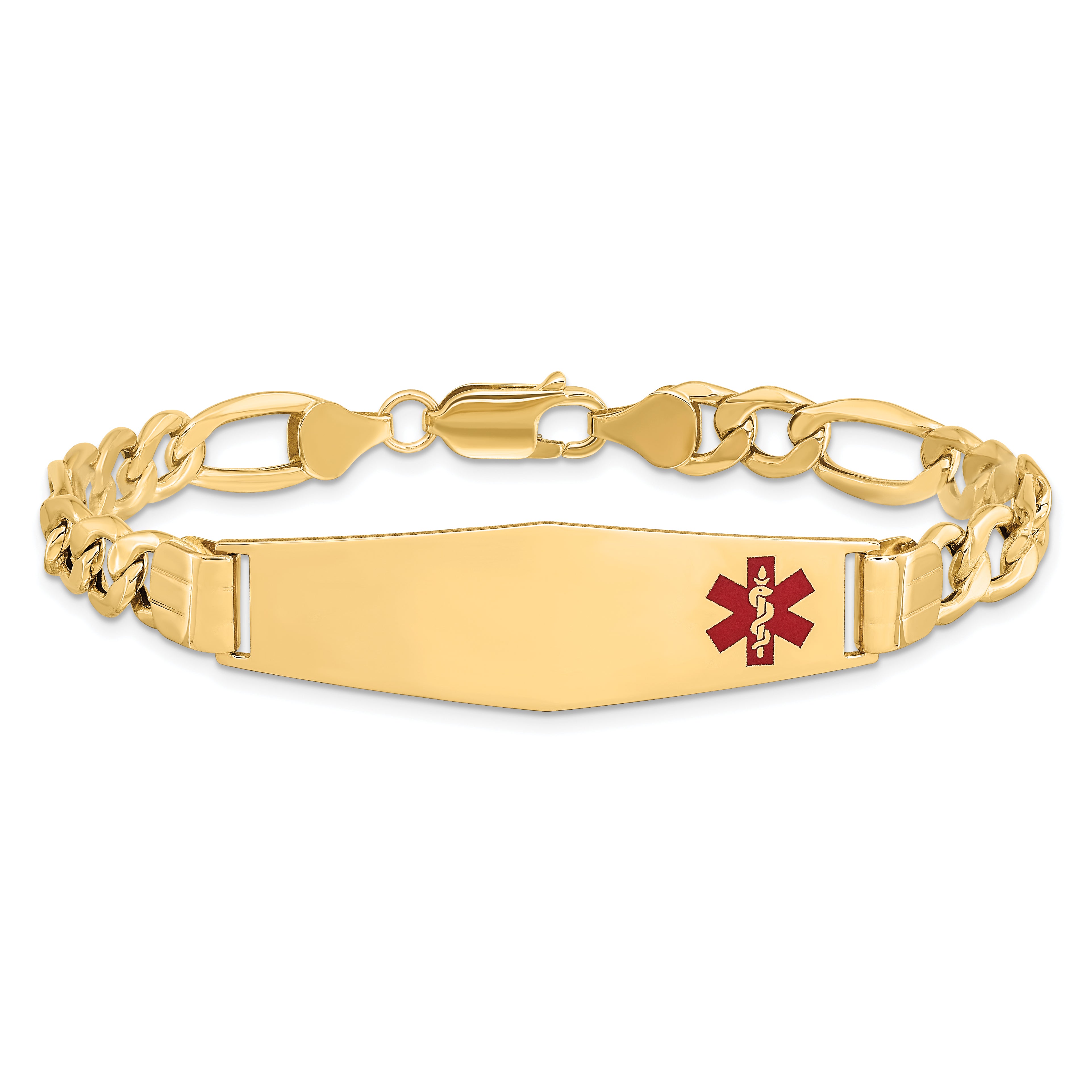 14K Medical Semi-Solid Chain/Solid Plate Soft Diamond Shape 40x12mm Off-Center Red Enamel Figaro Link 8 inch ID Bracelet