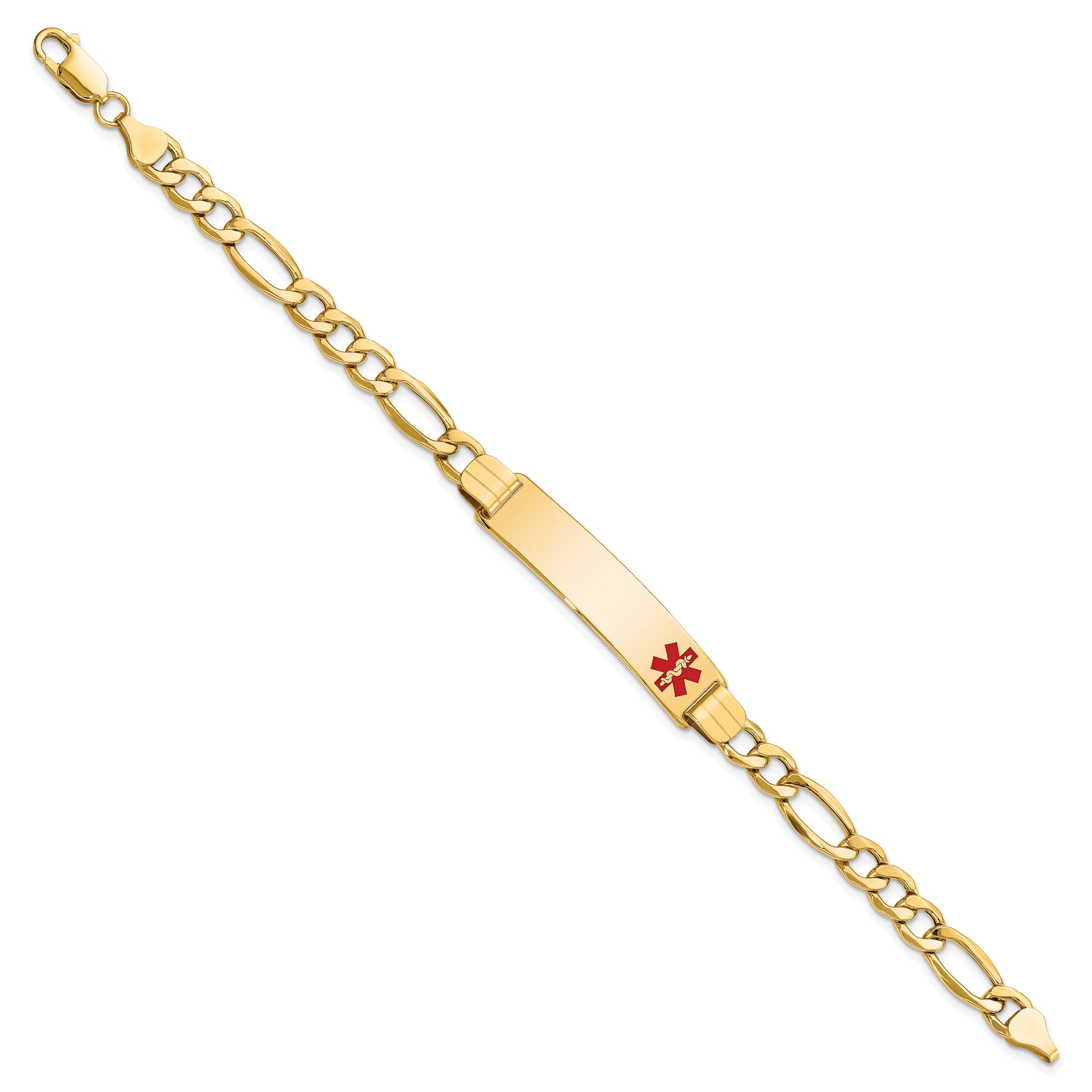 14K Medical Semi-solid Chain/Solid Plate 40x10mm Off-Center Red Enamel Figaro Link 8 inch ID Bracelet
