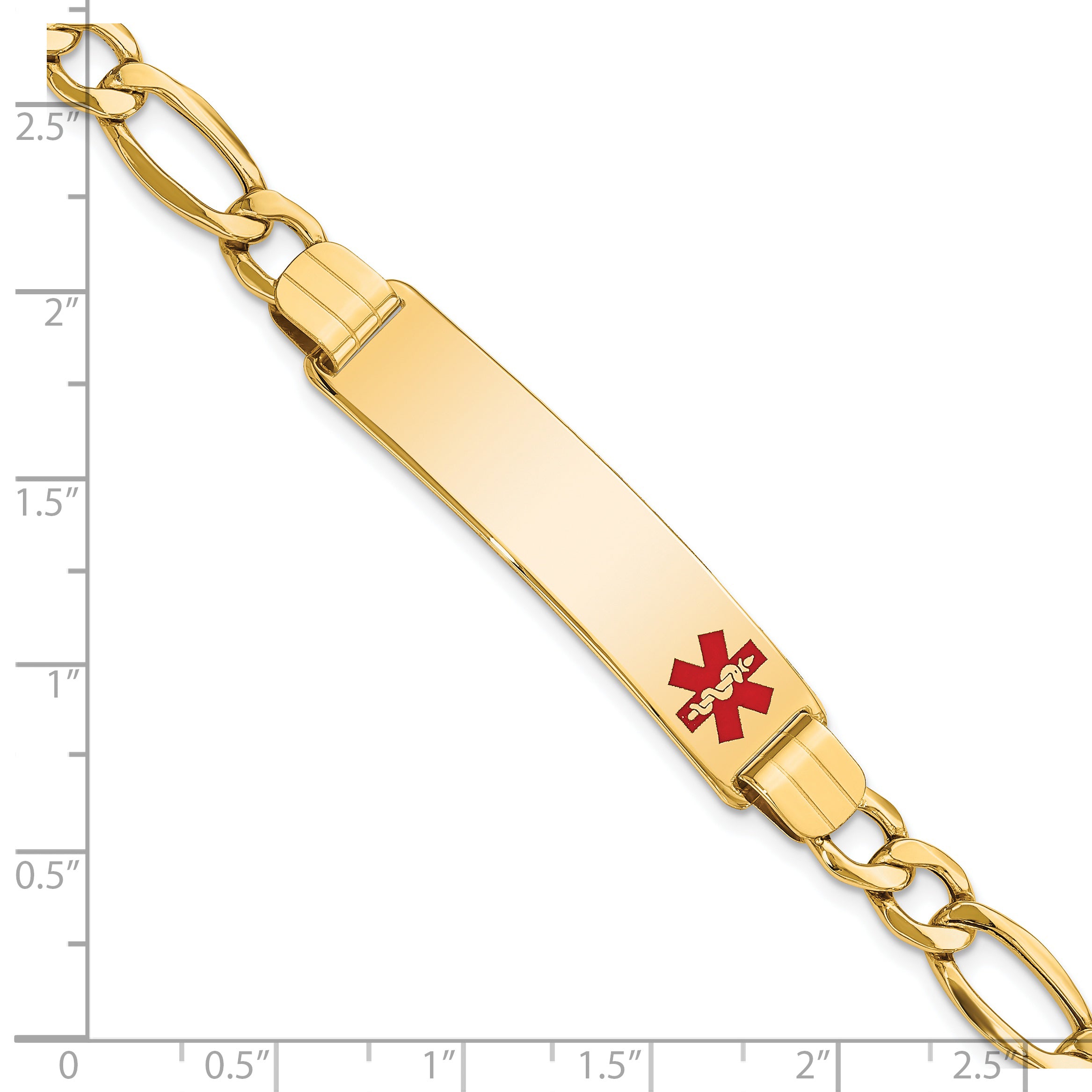 14K Medical Semi-solid Chain/Solid Plate 40x10mm Off-Center Red Enamel Figaro Link 8 inch ID Bracelet