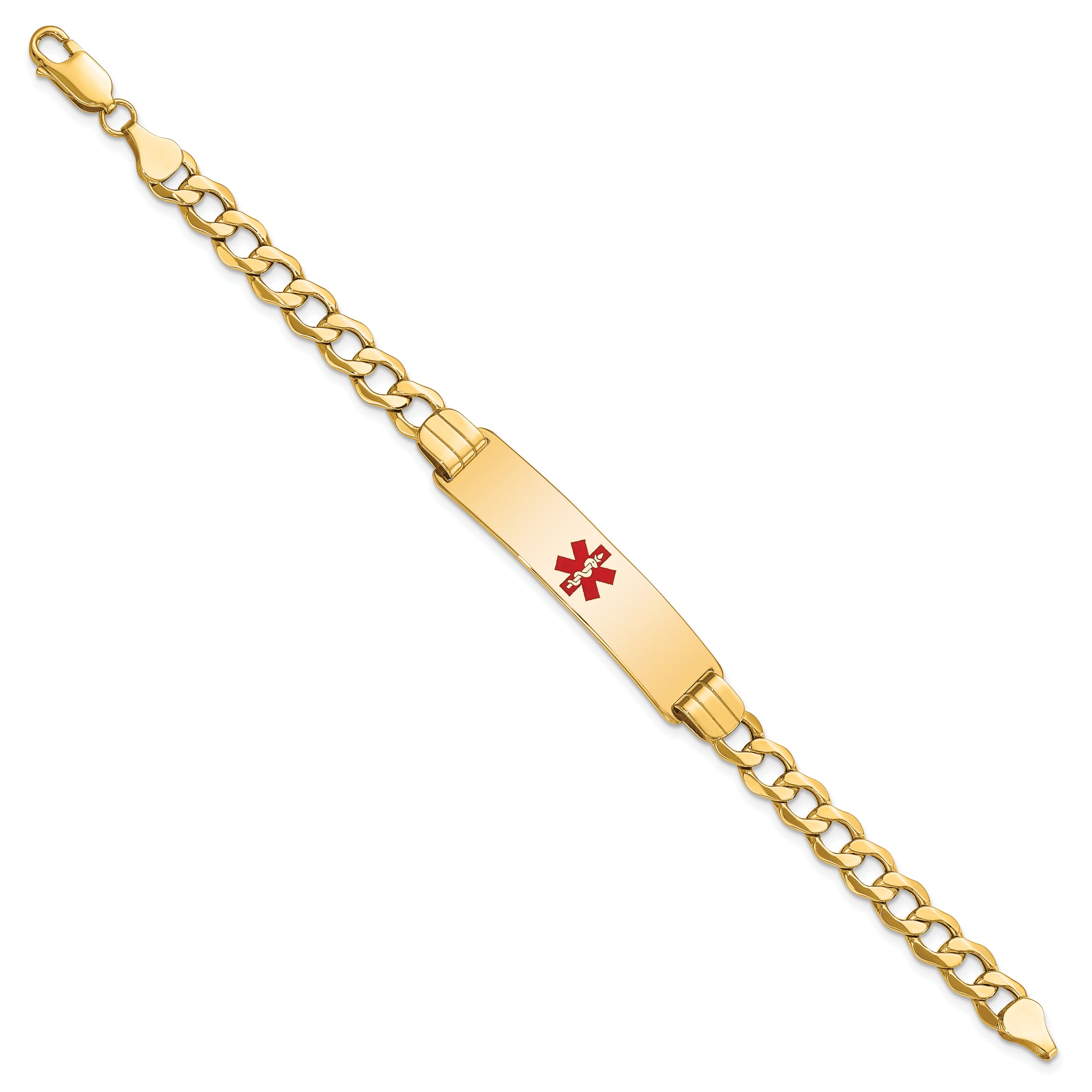 14K Medical Semi-Solid Chain/Solid Plate 40x10mm Centered Red Enamel Curb Link 7 inch ID Bracelet