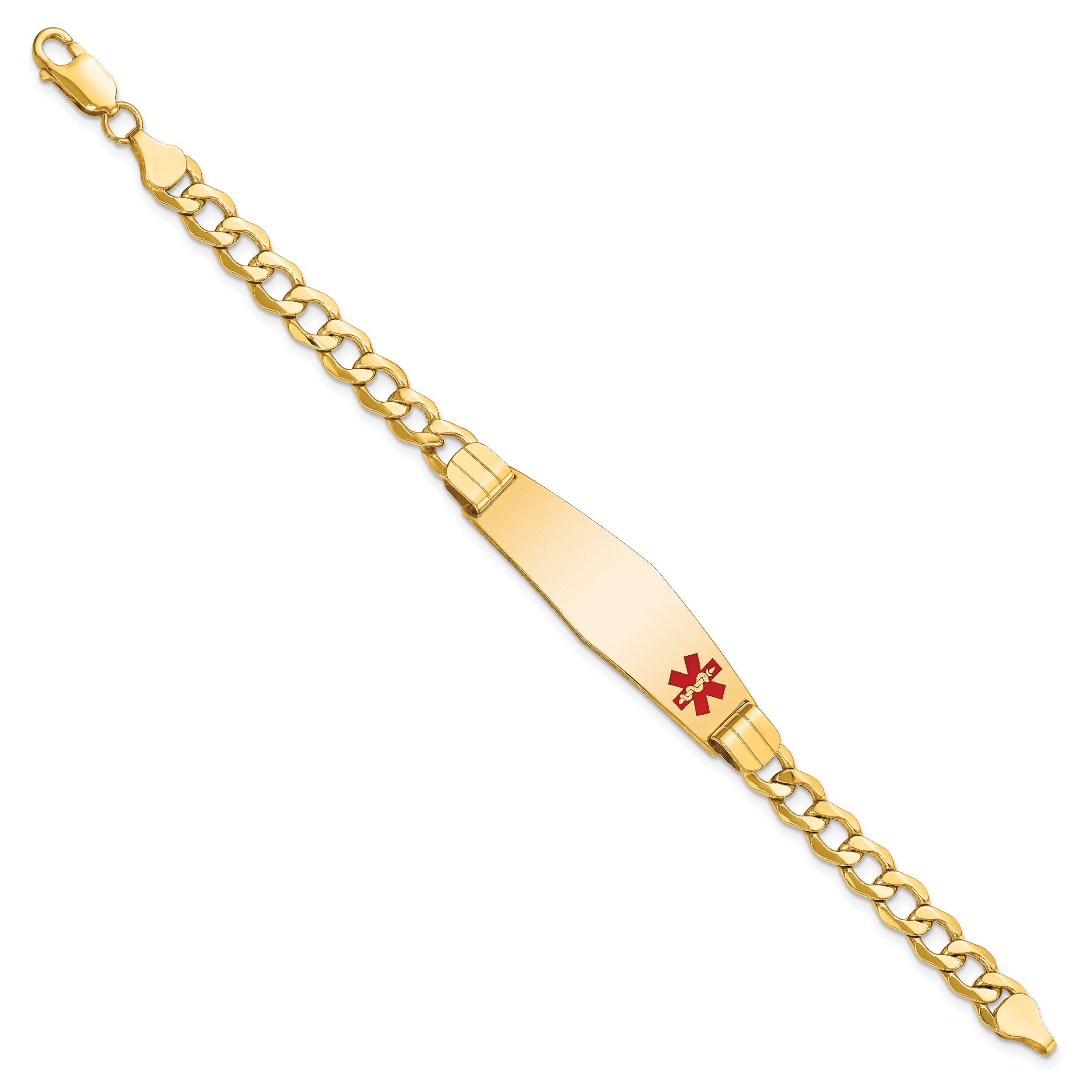 14K Medical Semi-Solid Chain/Solid Plate Soft Diamond Shape 40x12mm Off-Center Red Enamel Curb Link 8 inch ID Bracelet