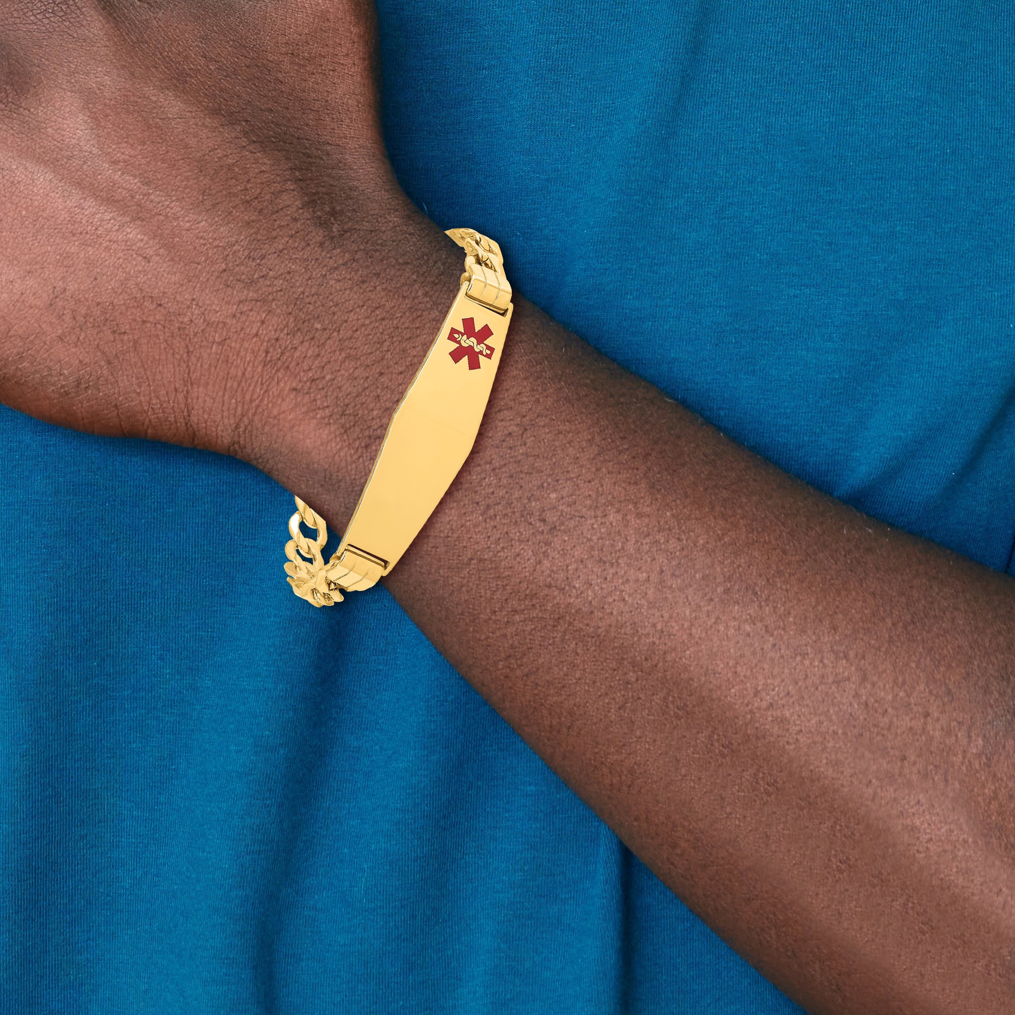 14K Medical Semi-Solid Chain/Solid Plate Soft Diamond Shape 40x12mm Off-Center Red Enamel Curb Link 8 inch ID Bracelet